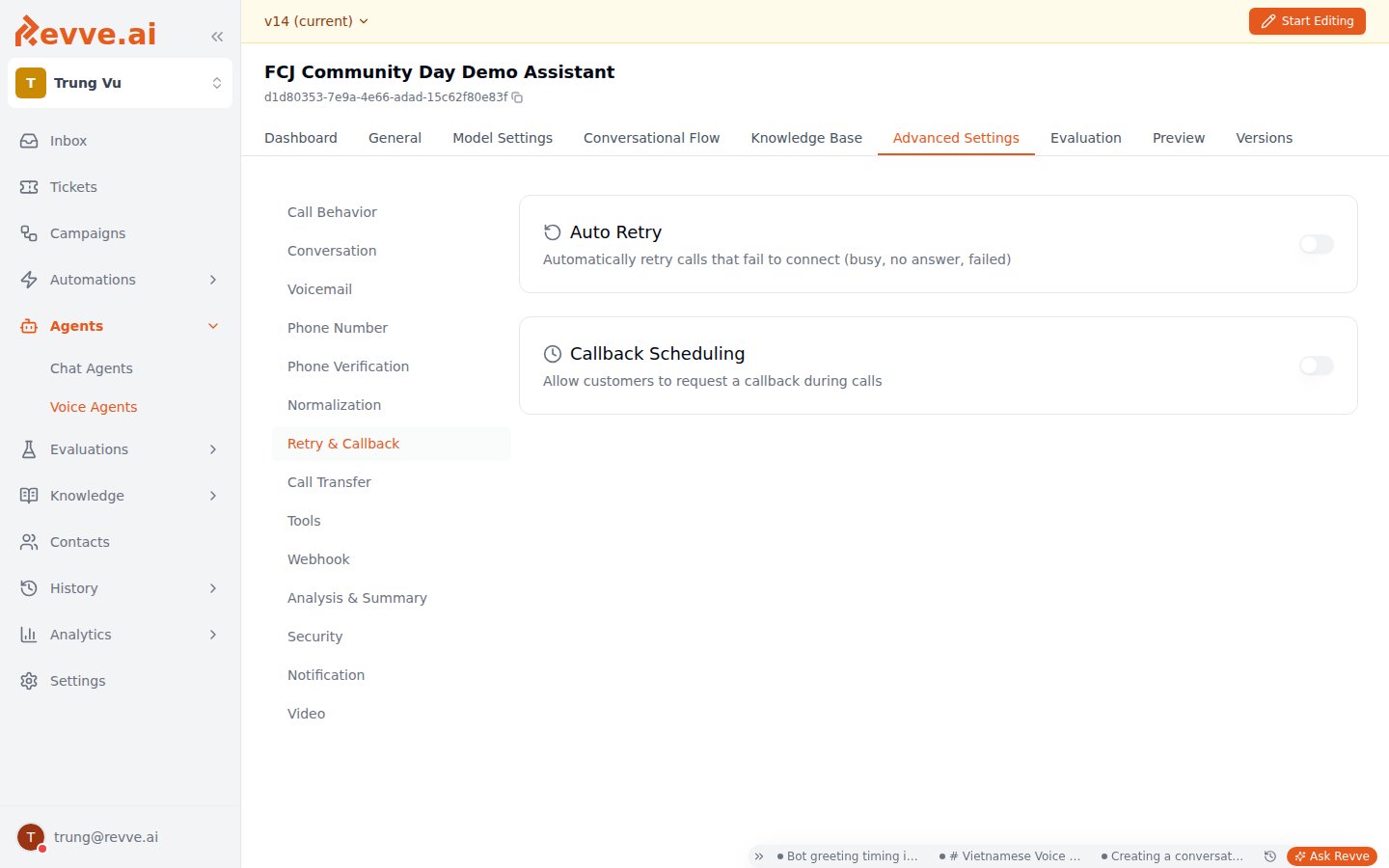 The Retry & Callback tab in a voice agent's Advanced Settings, with the Auto Retry and Callback Scheduling toggle cards