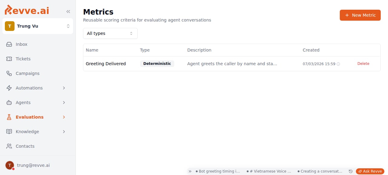 The Metrics library page, showing the metrics table with Name, Type, Description, and Created columns, and the New Metric button