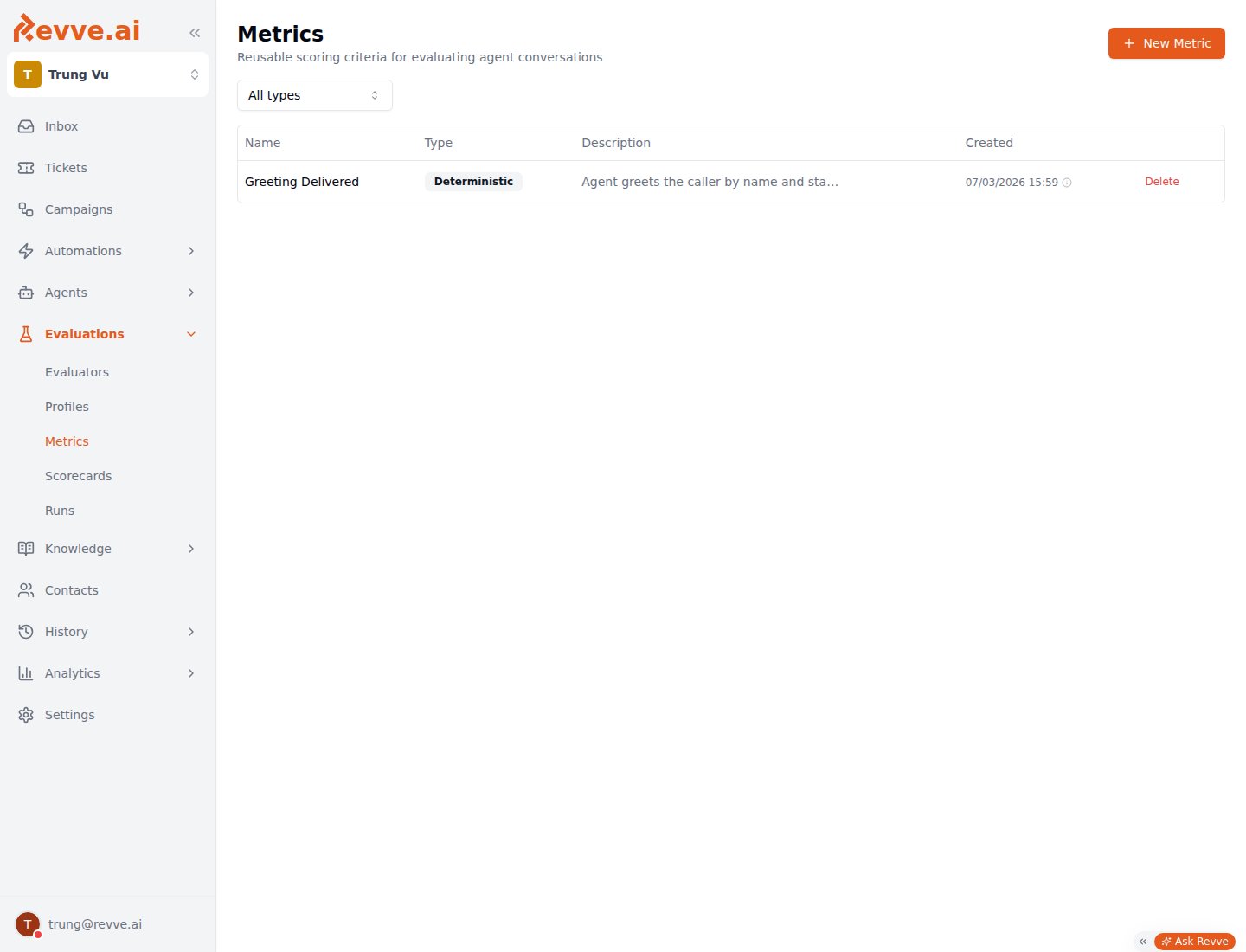 The Evaluations product in the left dashboard nav, showing Evaluators, Profiles, Metrics, Scorecards, and Runs