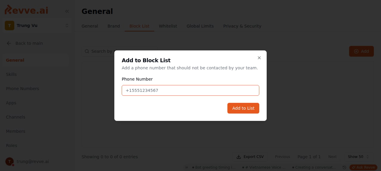 The "Add to Block List" dialog over the Block List screen at Settings → General → Block List, showing the single Phone Number field and the Add to List button