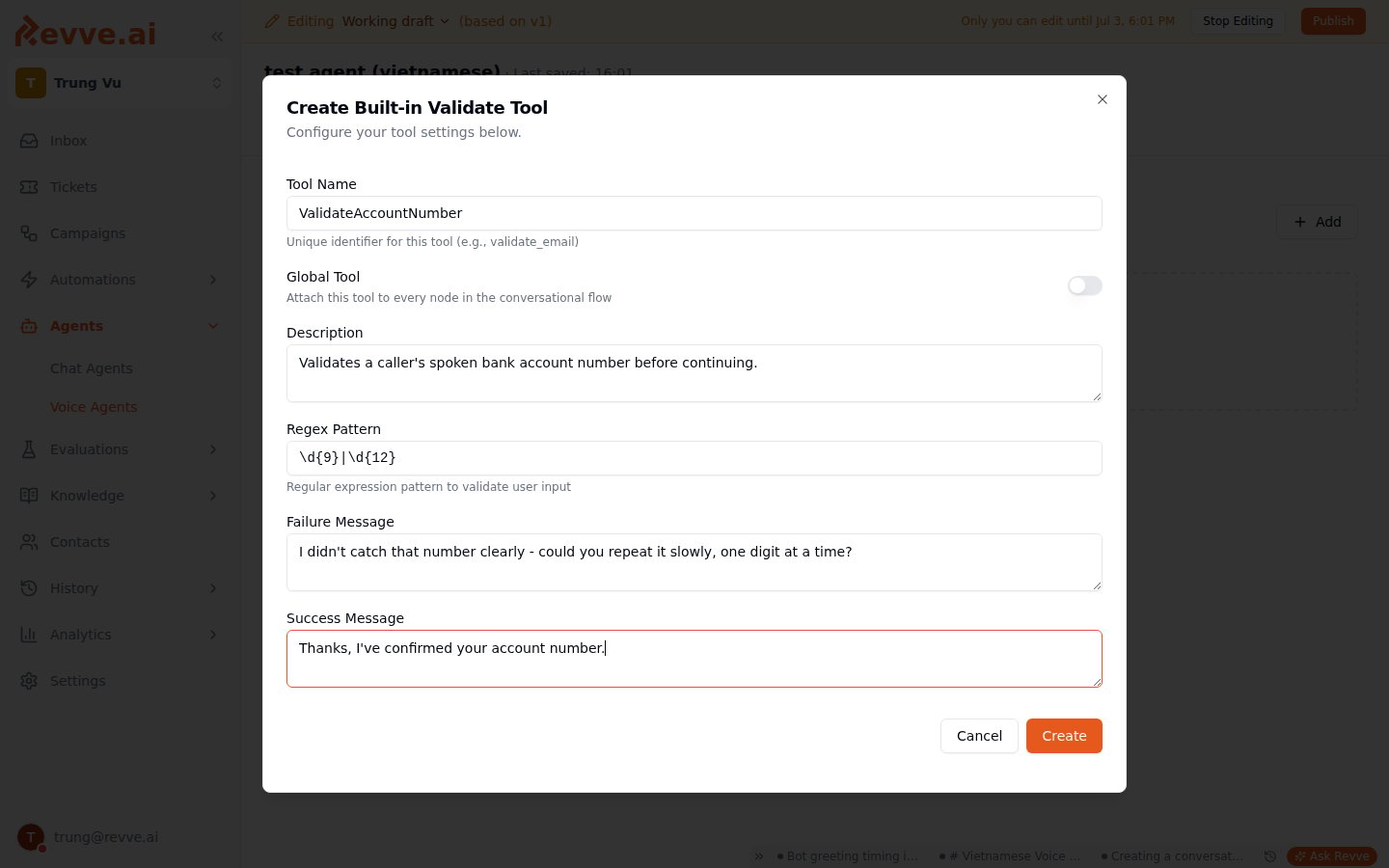 The "Create Built-in Validate Tool" dialog, configured with Tool Name "ValidateAccountNumber", a description, Regex Pattern \d{9}|\d{12}, a Failure Message, and a Success Message
