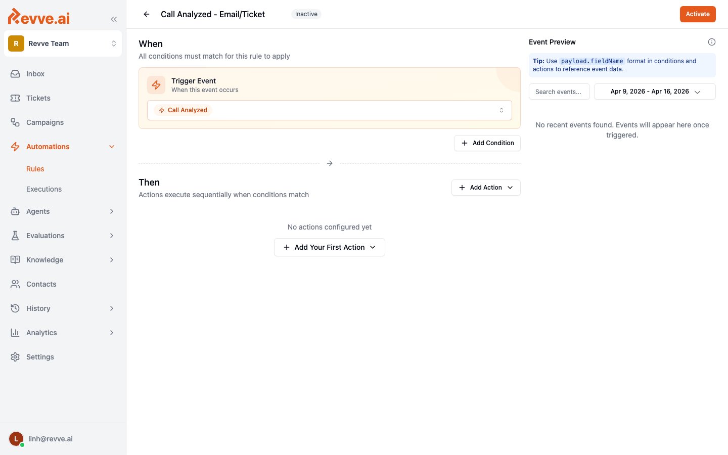 Rule builder with the When section, Then section, and the Event Preview panel on the right