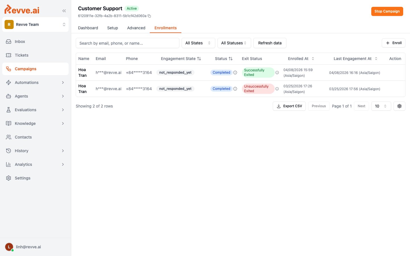 Enrollments tab showing enrolled contacts with state, status, and exit outcome