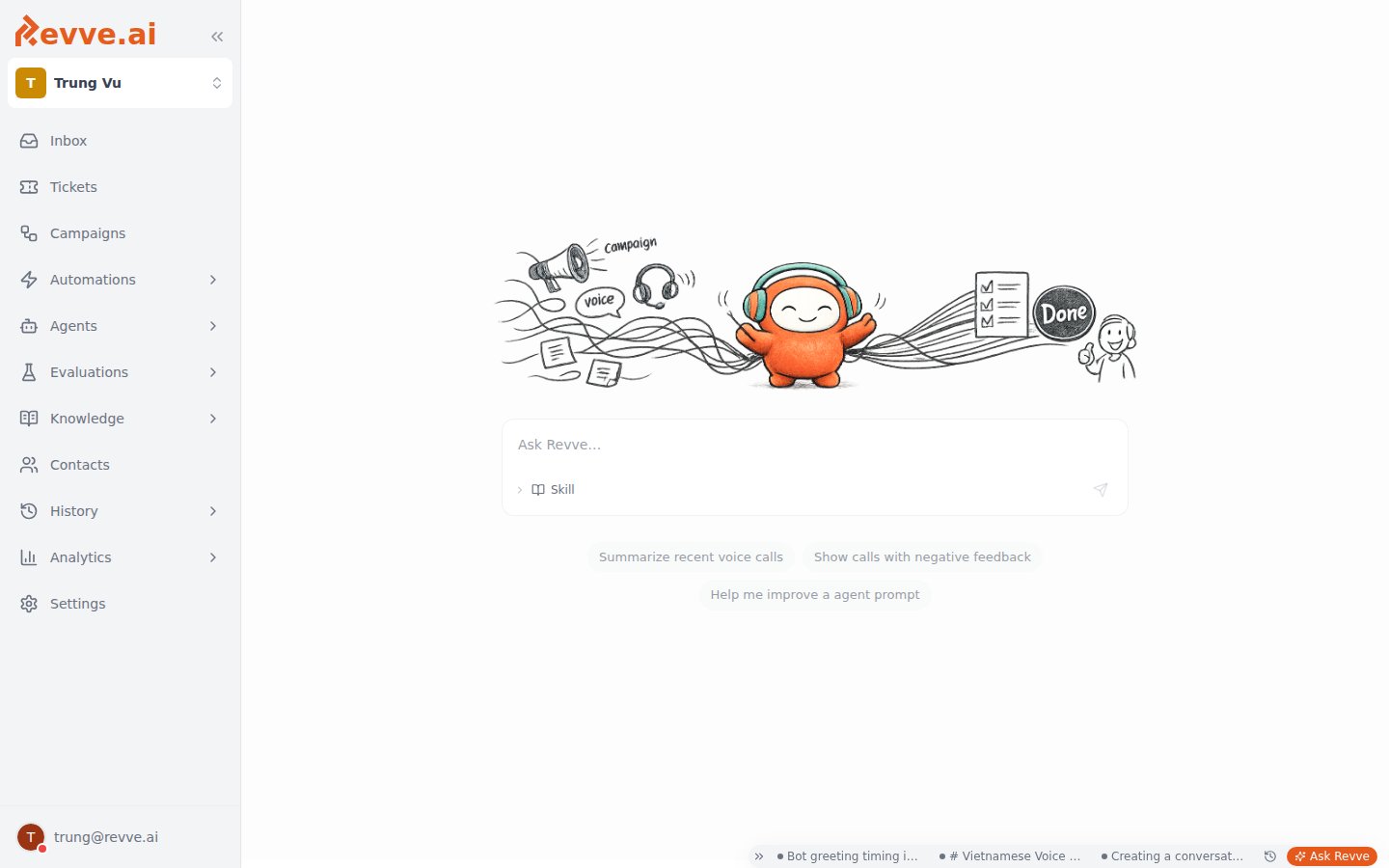 The Revve dashboard home: the Ask Revve composer with three suggestion chips beneath the copilot illustration, and the Ask Revve dock with recent conversation tabs at the bottom right