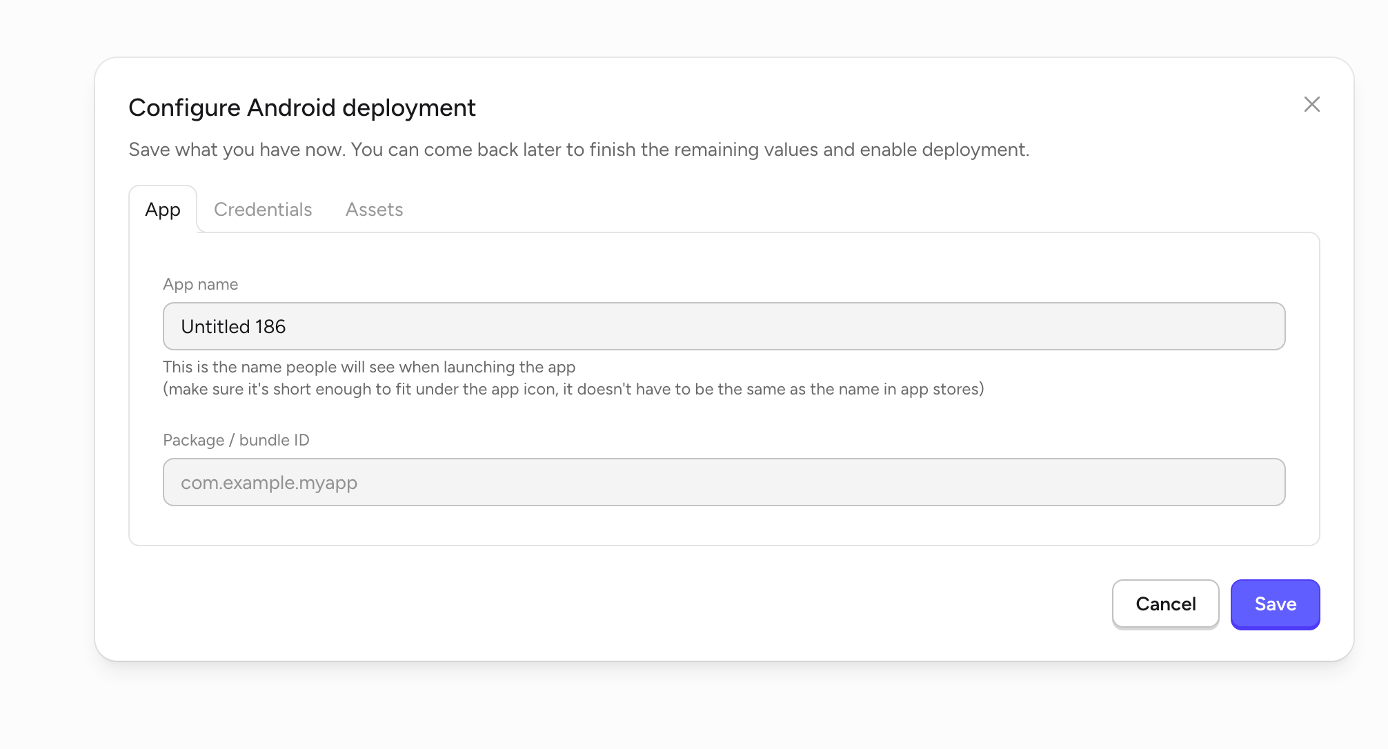 Configure Android deployment — App tab