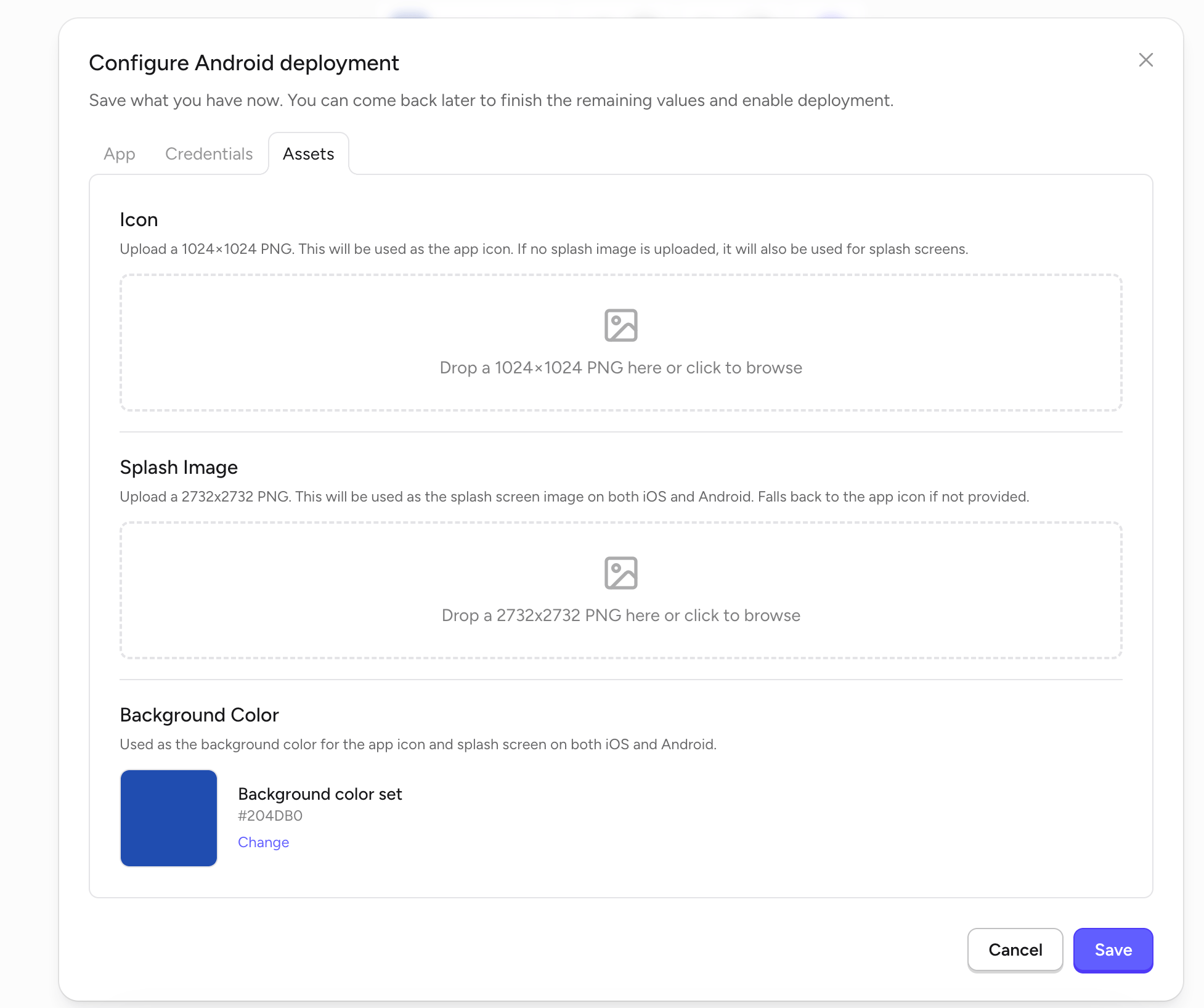 Configure Android deployment — Assets tab