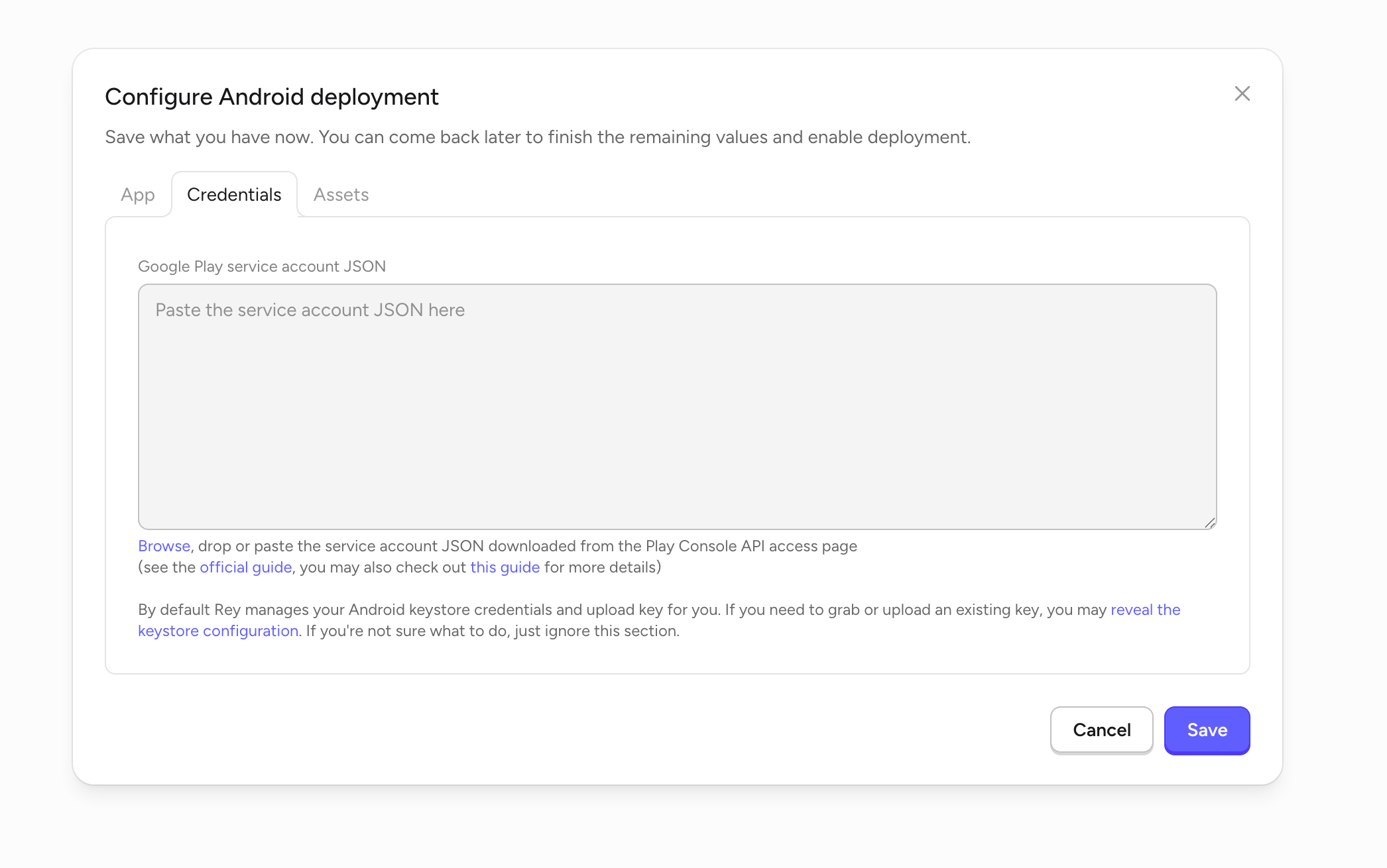 Configure Android deployment — Credentials tab
