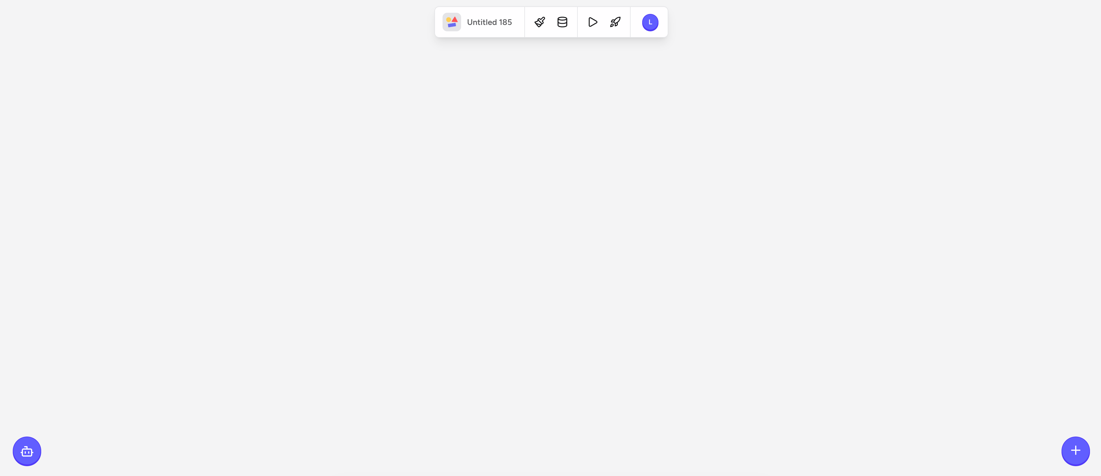 Rey editor showing the top toolbar and the bot and plus icons at the bottom corners of an empty canvas