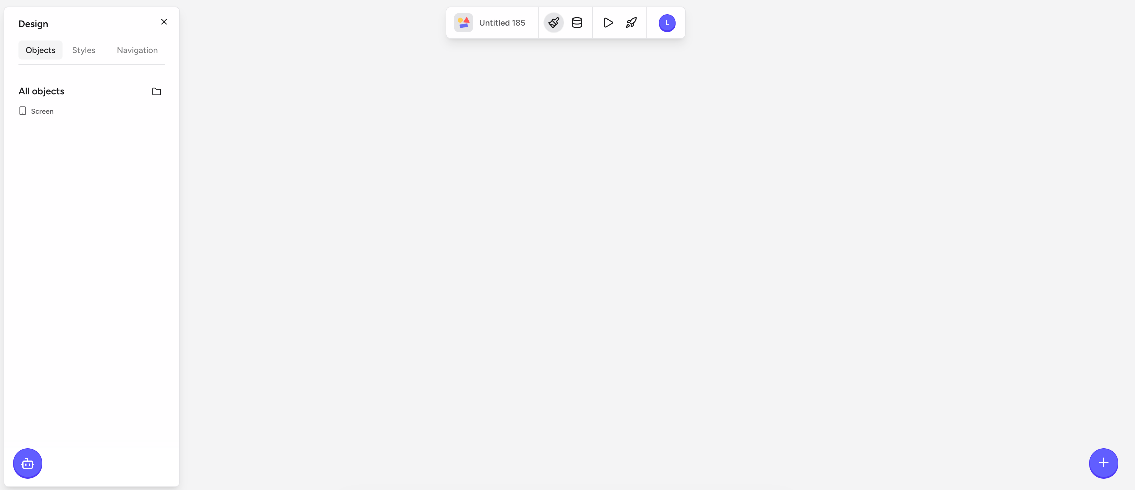 Design panel Objects tab showing the All objects tree with a list of screens