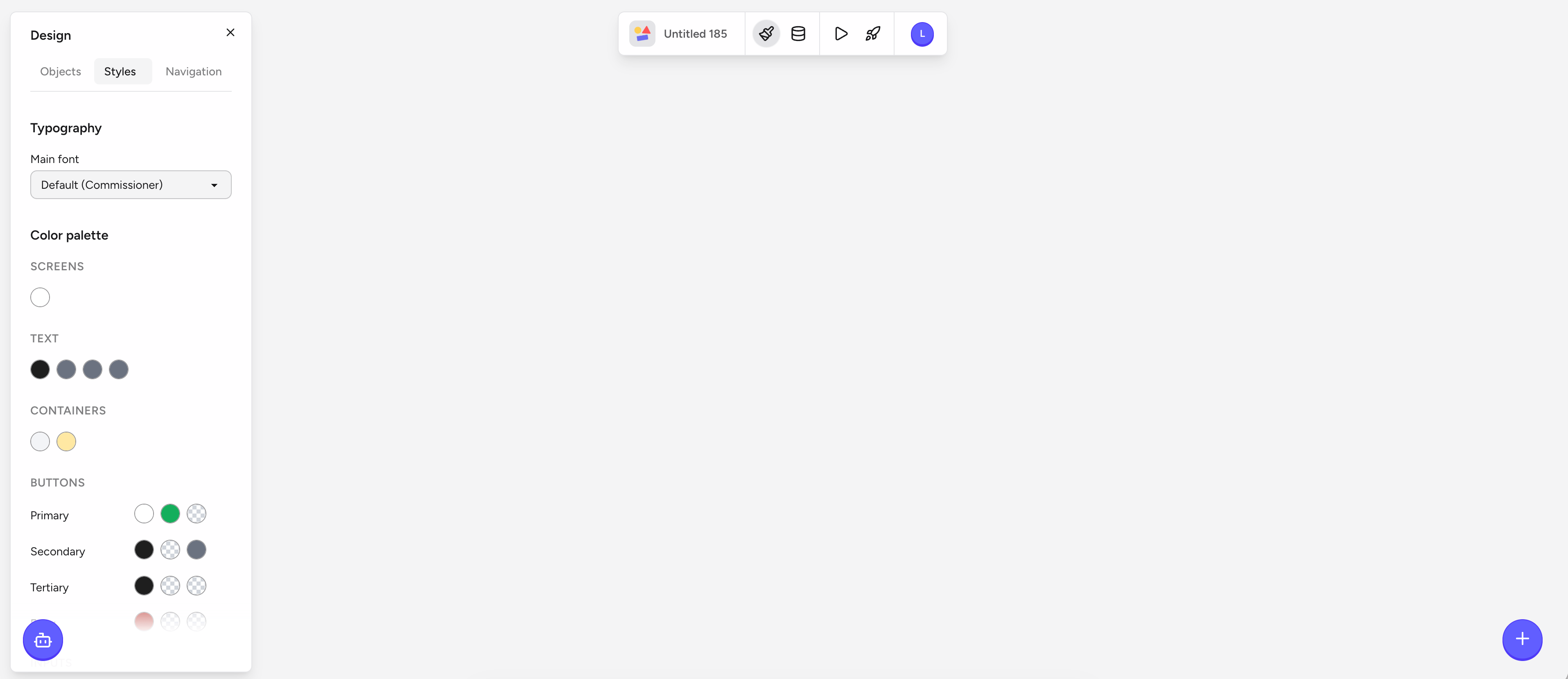Design panel Styles tab showing typography and color palette settings