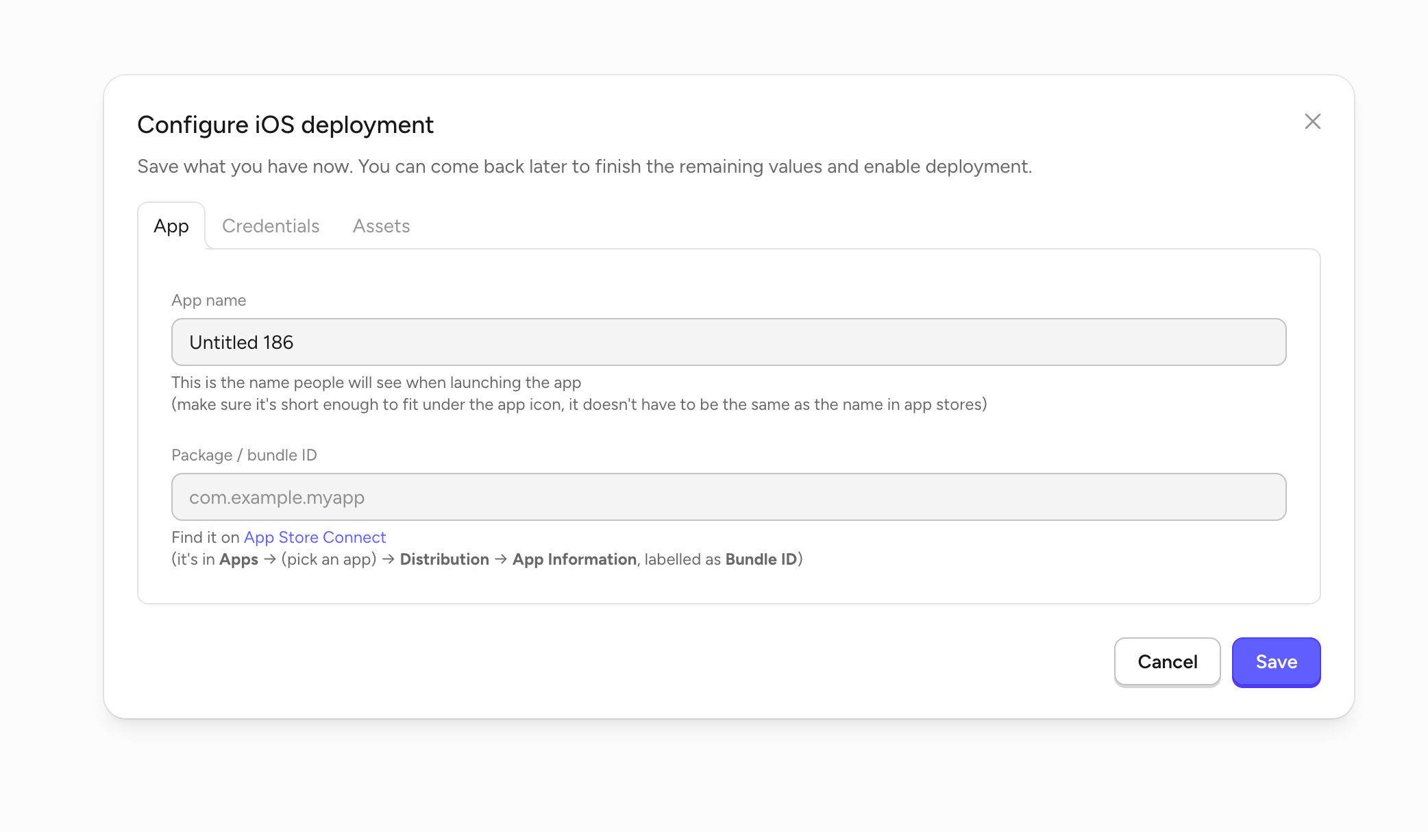 Configure iOS deployment — App tab