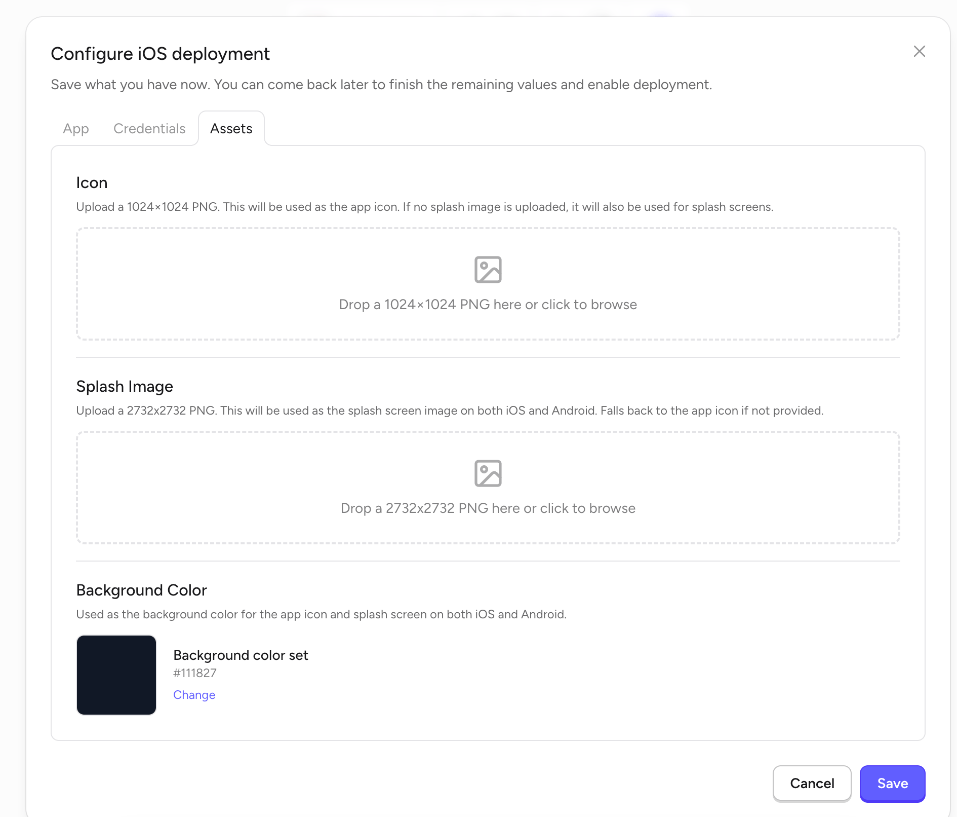 Configure iOS deployment — Assets tab