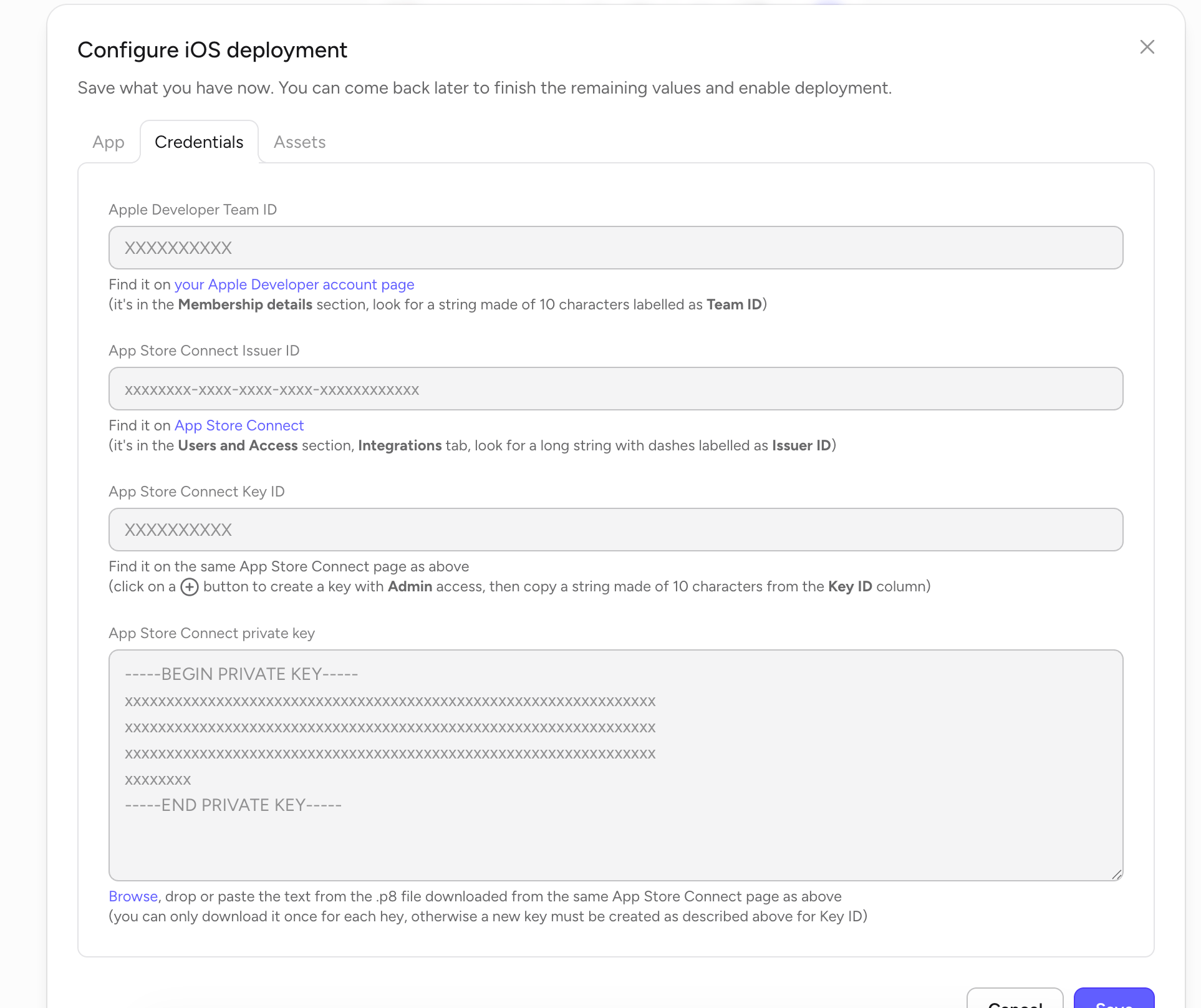 Configure iOS deployment — Credentials tab