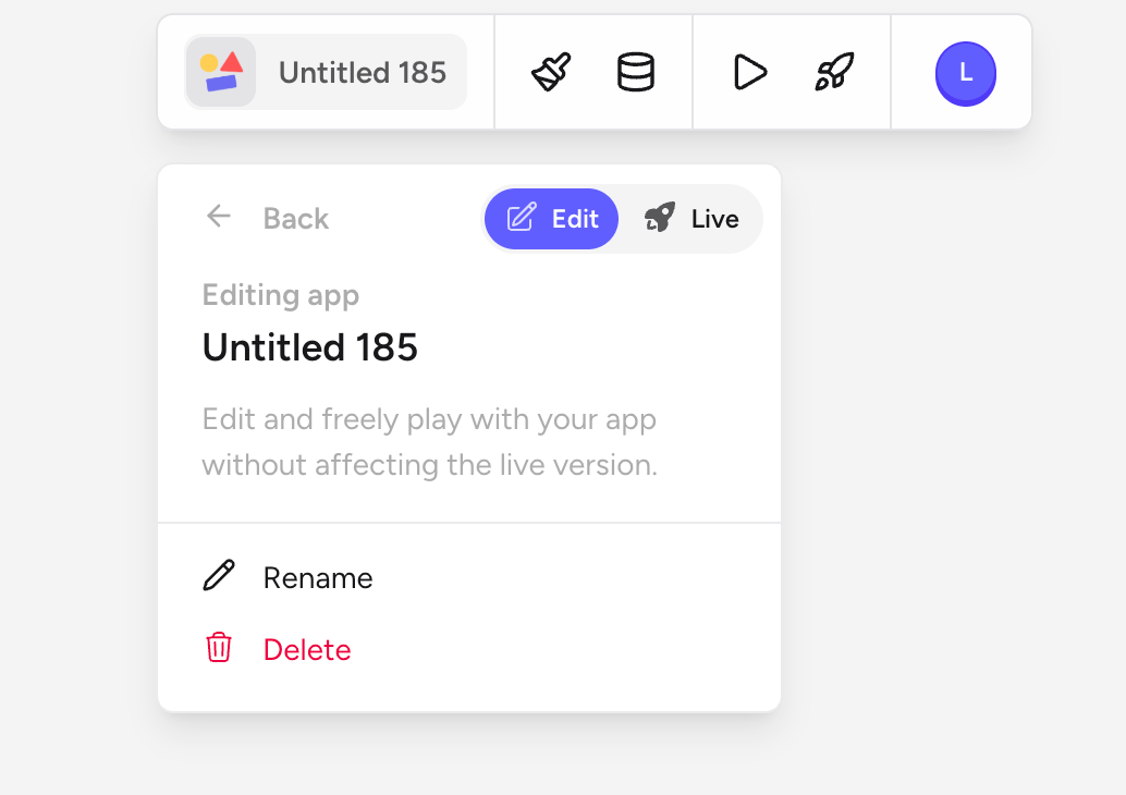 Rey top toolbar with Edit mode selected, showing the project card labelled 'Editing app' with the copy 'Edit and freely play with your app without affecting the live version.'
