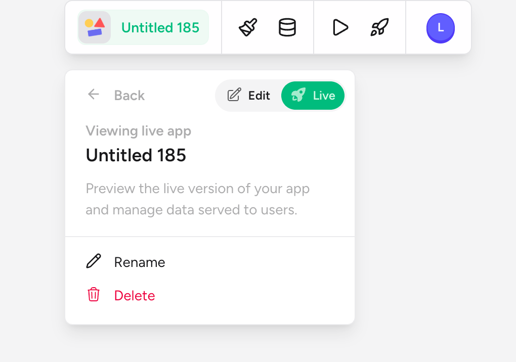 Rey top toolbar with Live mode selected, showing the project card labelled 'Viewing live app' with the copy 'Preview the live version of your app and manage data served to users.'