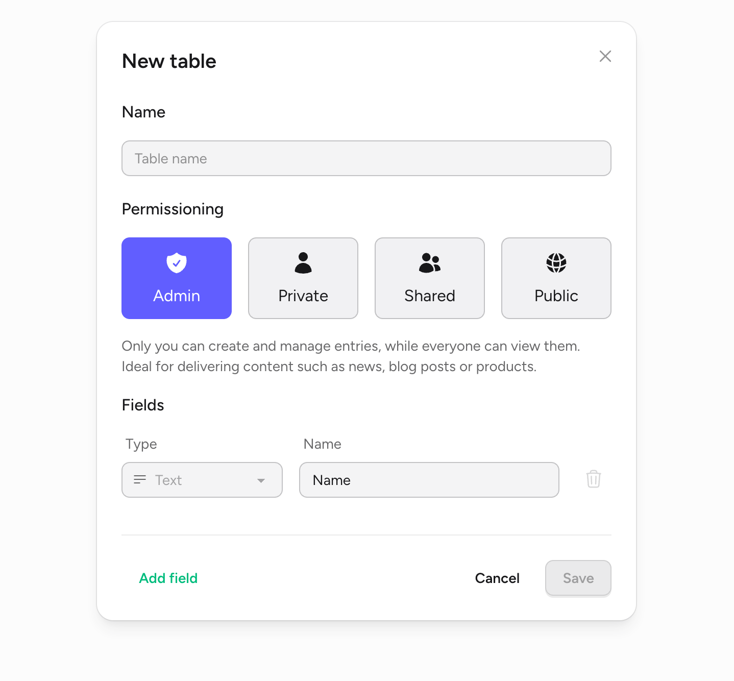 New table dialog with name, permissioning, and fields