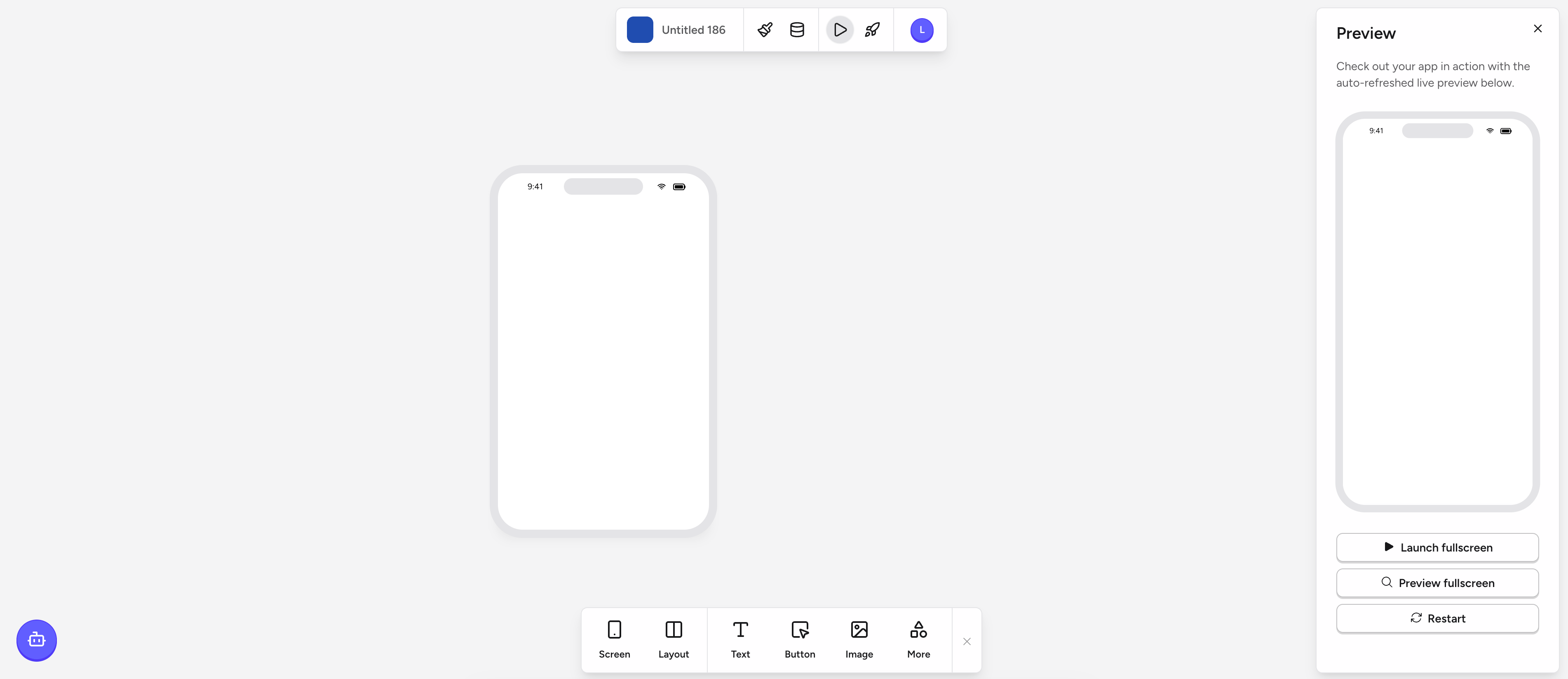 The Preview panel in Rey, showing a live in-browser copy of the app next to Launch fullscreen, Preview fullscreen, and Restart controls.