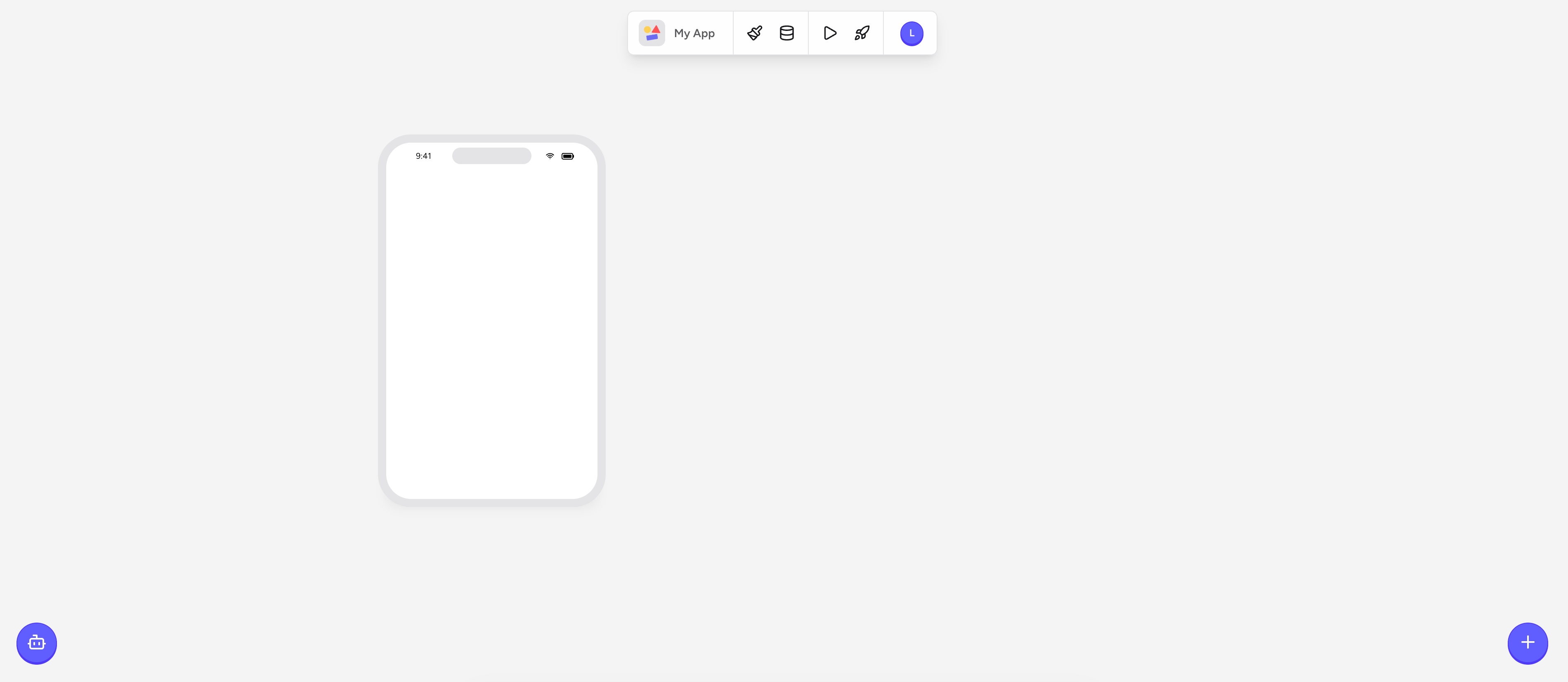 Empty Rey canvas with the top toolbar (My App, Design, Data, Preview, Publish, account) above a blank phone frame, the Rey AI bot icon in the bottom-left, and the add-component + button in the bottom-right