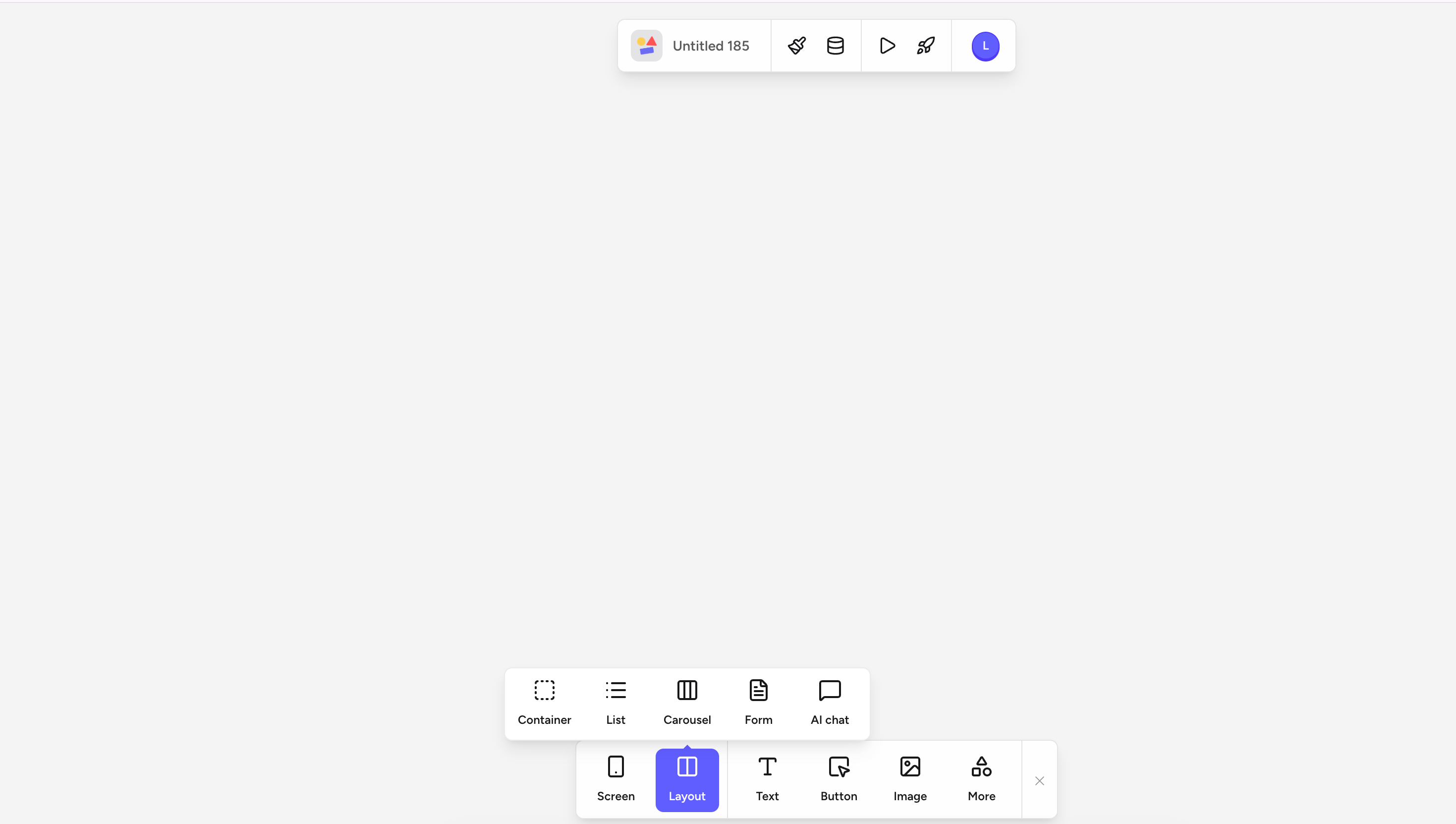 Layout submenu showing Container, List, Carousel, Form, and AI chat options