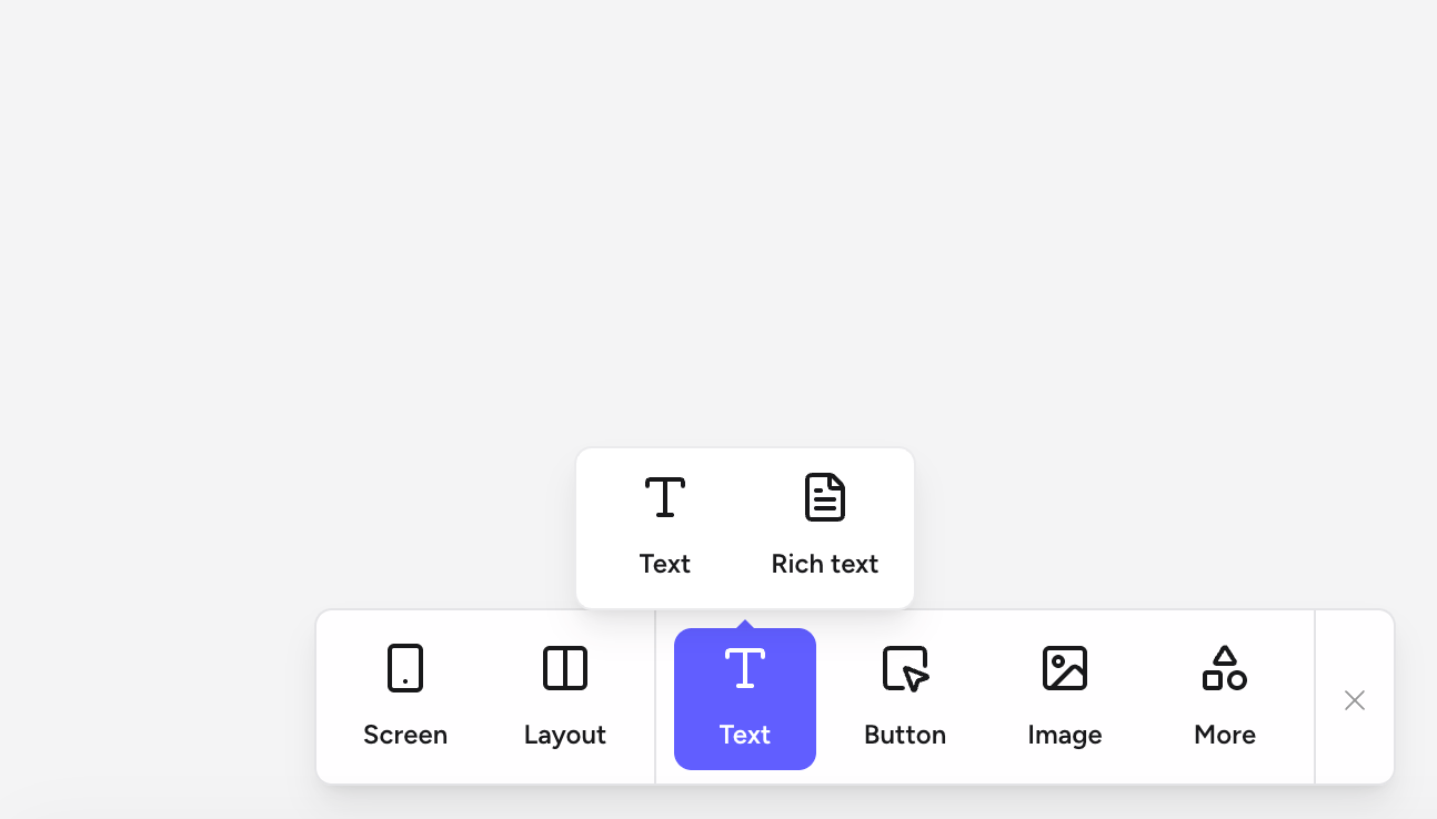 Text submenu showing Text and Rich text options