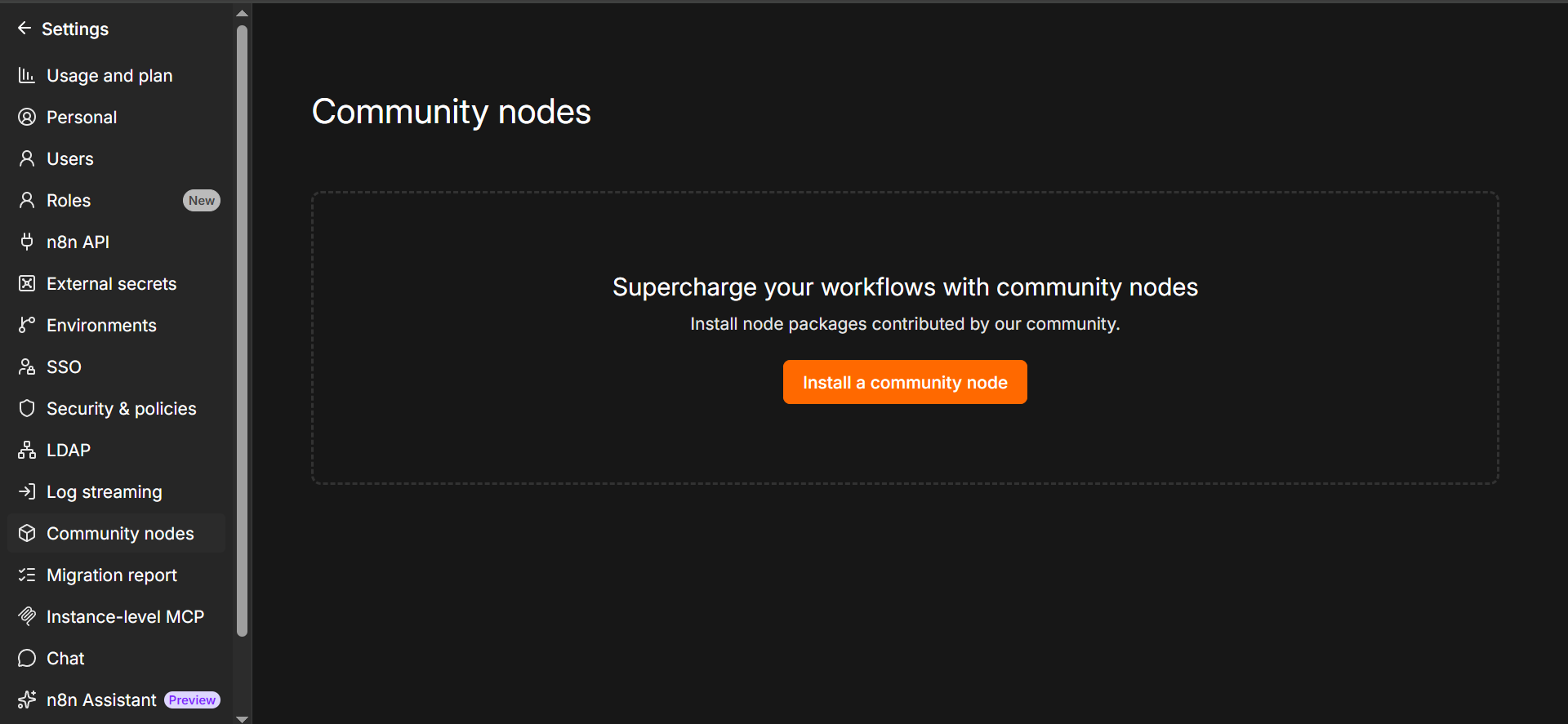 The n8n Community nodes settings page with the Install a community node button