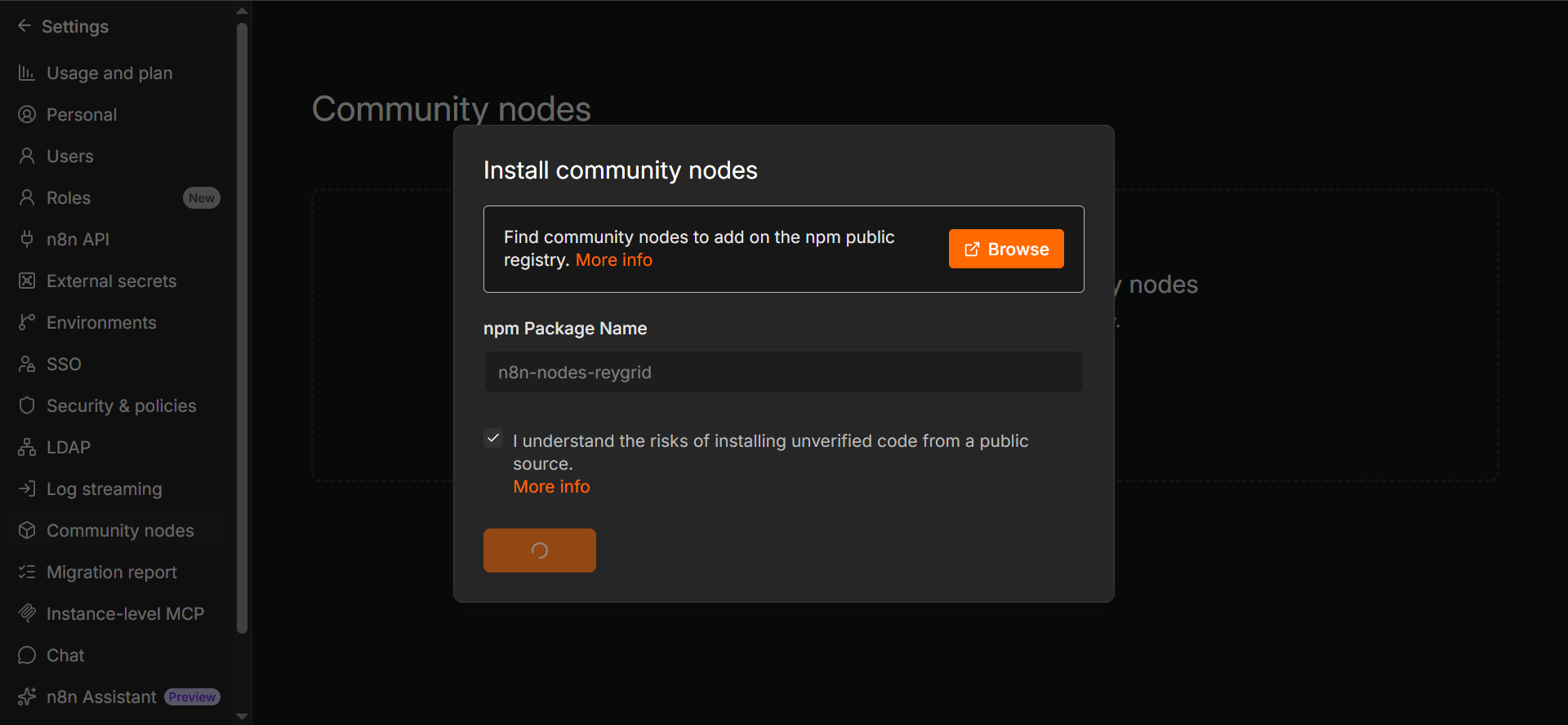 The Install community nodes dialog with npm Package Name n8n-nodes-reygrid and the risk checkbox ticked