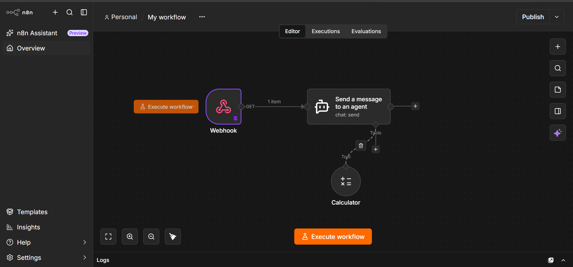 An n8n workflow: a Webhook node feeding a ReyGrid node named Send a message to an agent, with a Calculator tool attached to the Tools input