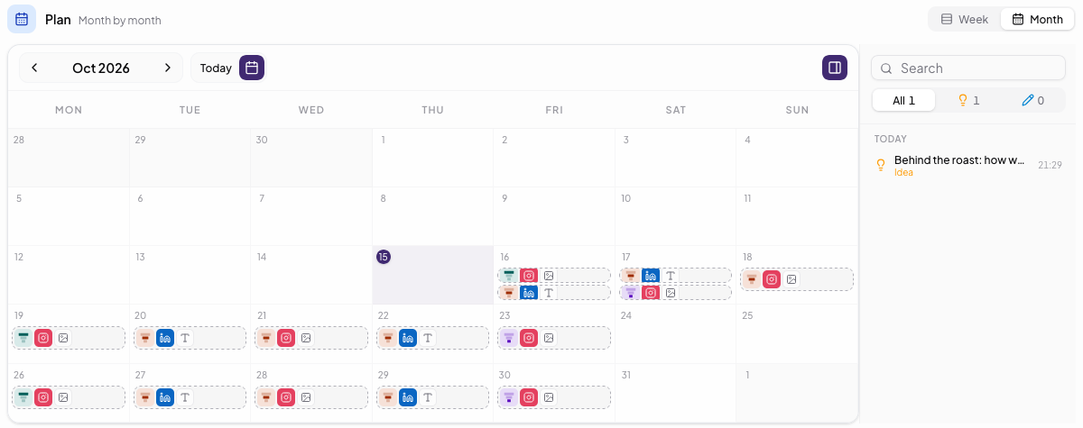 The Plan month view, a calendar of October with dashed open slots on each day and a side panel with search, ideas and drafts
