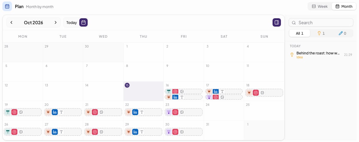 The Plan month view, a calendar of October with dashed open slots on each day and a side panel with search, ideas and drafts