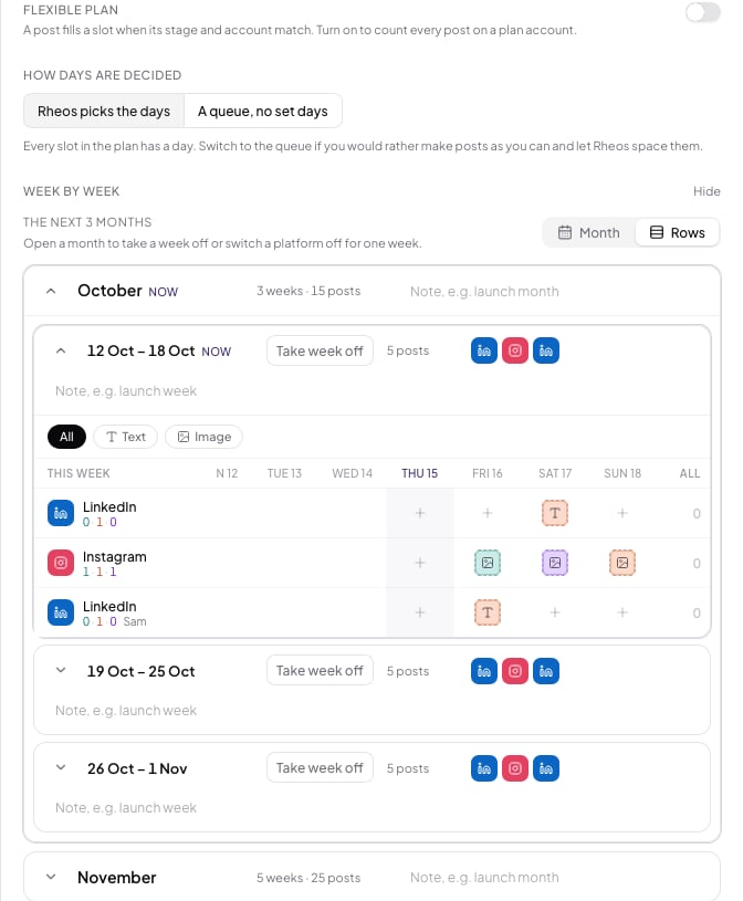 The More strategy settings sheet showing Flexible plan, How days are decided and Week by week, with a Take week off button and a note box for each week