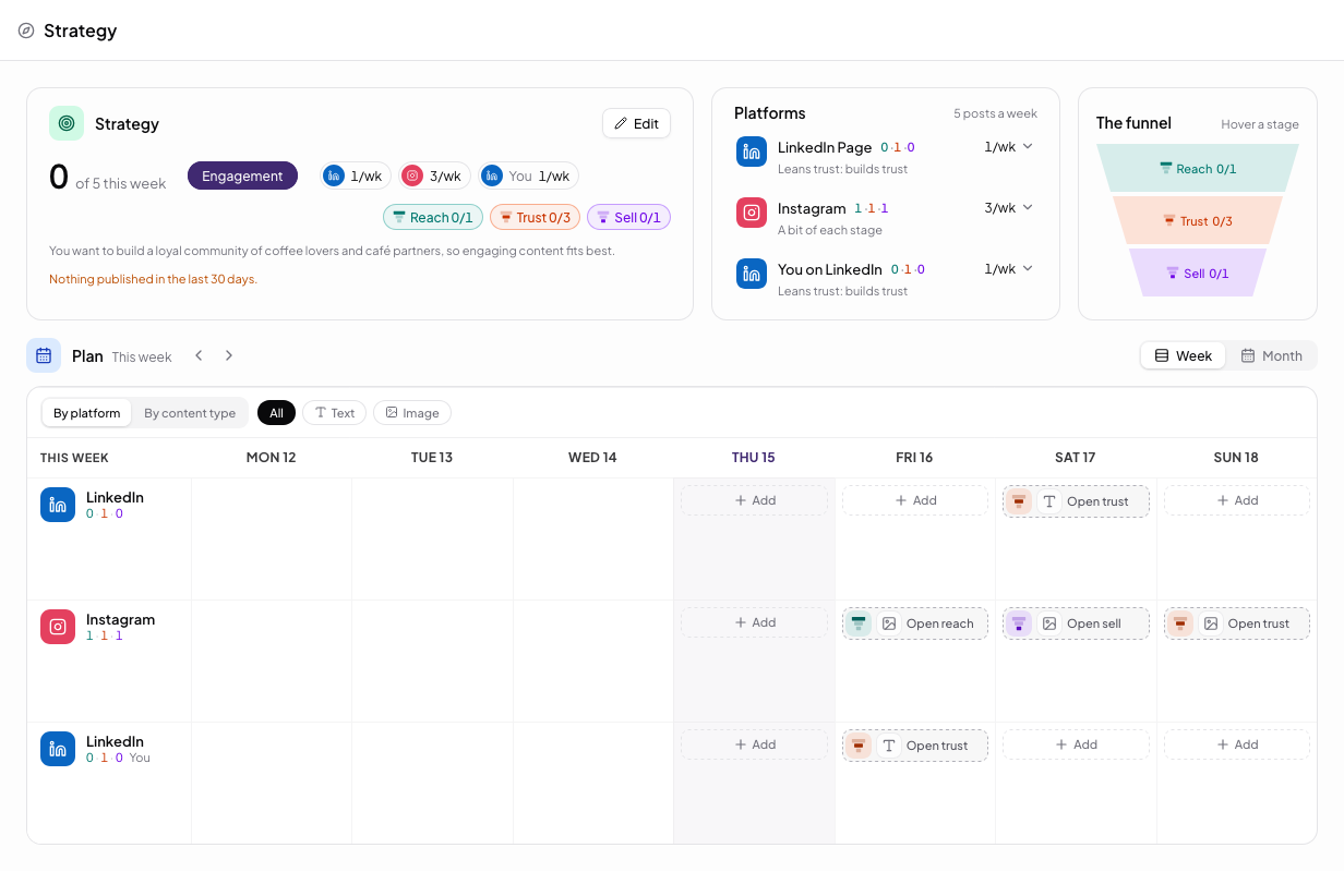 The Strategy page with the Strategy card, the Platforms box, the funnel, and the Plan week board below