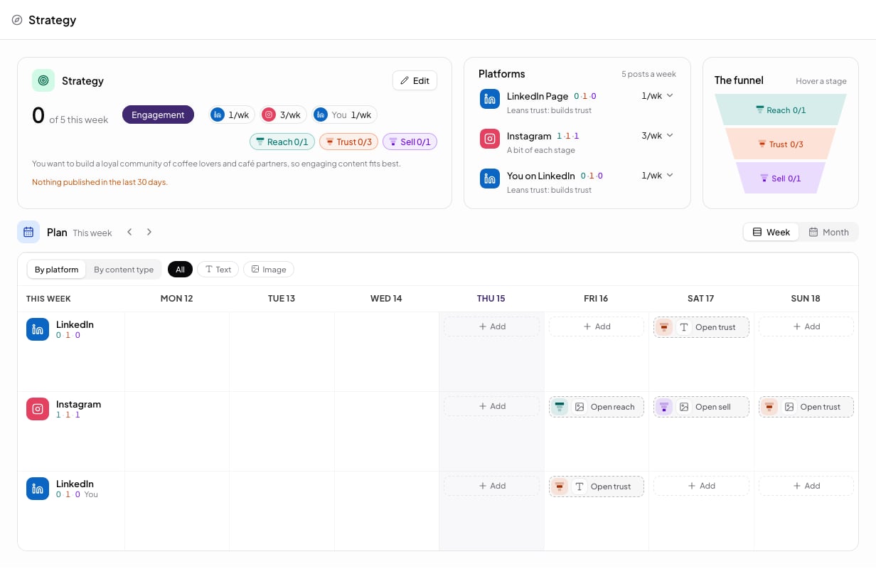 The Strategy page with the Strategy card, the Platforms box, the funnel, and the Plan week board below