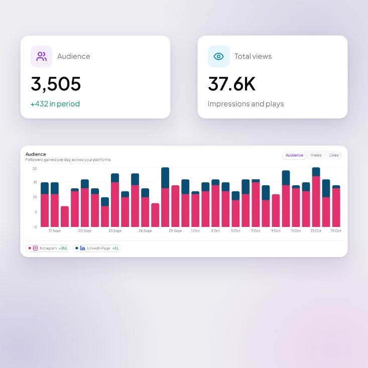 The Analytics page with audience and total views, and a chart of followers gained per day stacked by platform