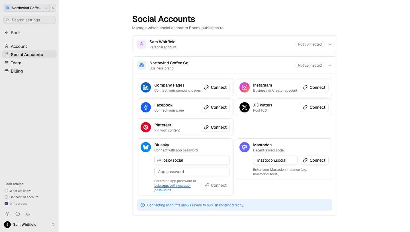 The Rheos Social Accounts settings page. A personal account row marked Not connected sits above an expanded business brand row with Connect buttons for Company Pages, Instagram, Facebook, X (Twitter) and Pinterest, plus Bluesky showing handle and app password fields and Mastodon showing an instance field.
