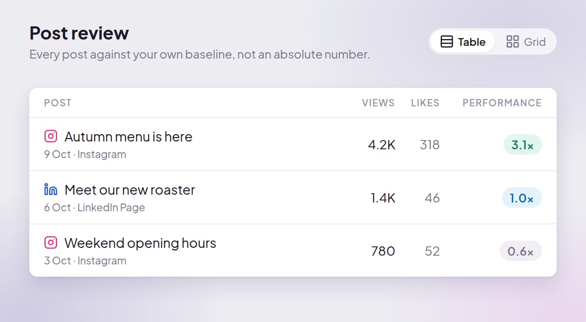 The Post review table with Post, Views, Likes and Performance columns, where the top post shows 3.1× in green