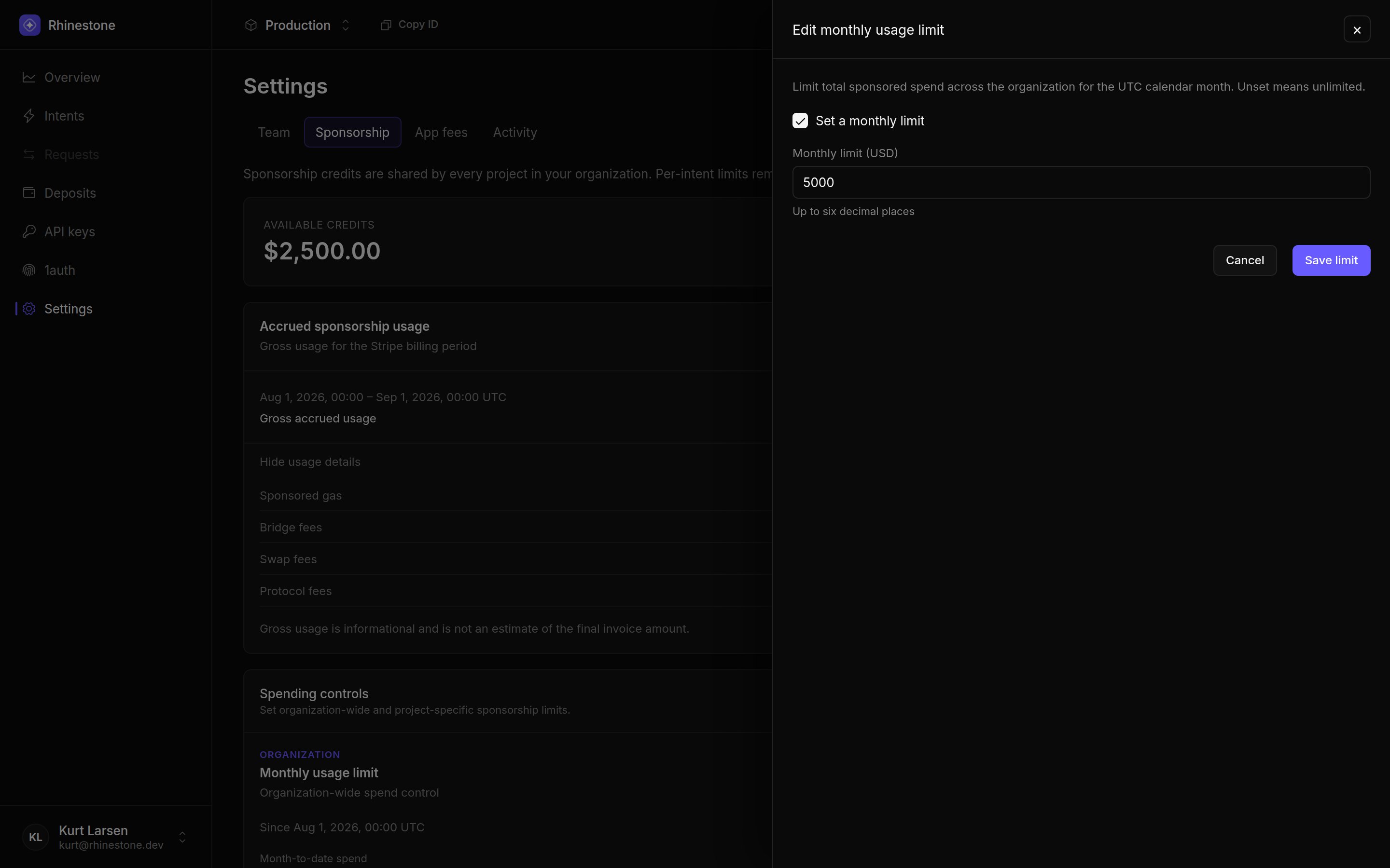 Dashboard drawer for enabling and setting a monthly sponsorship usage limit in USD.