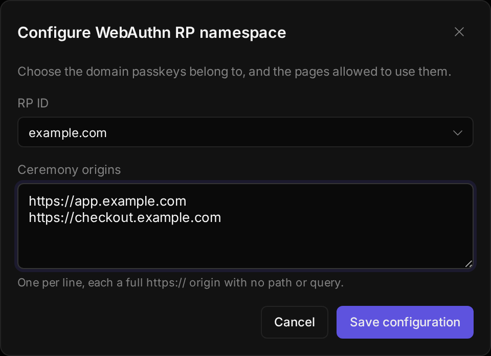Configure WebAuthn RP namespace dialog with example.com selected as the RP ID and two HTTPS ceremony origins.
