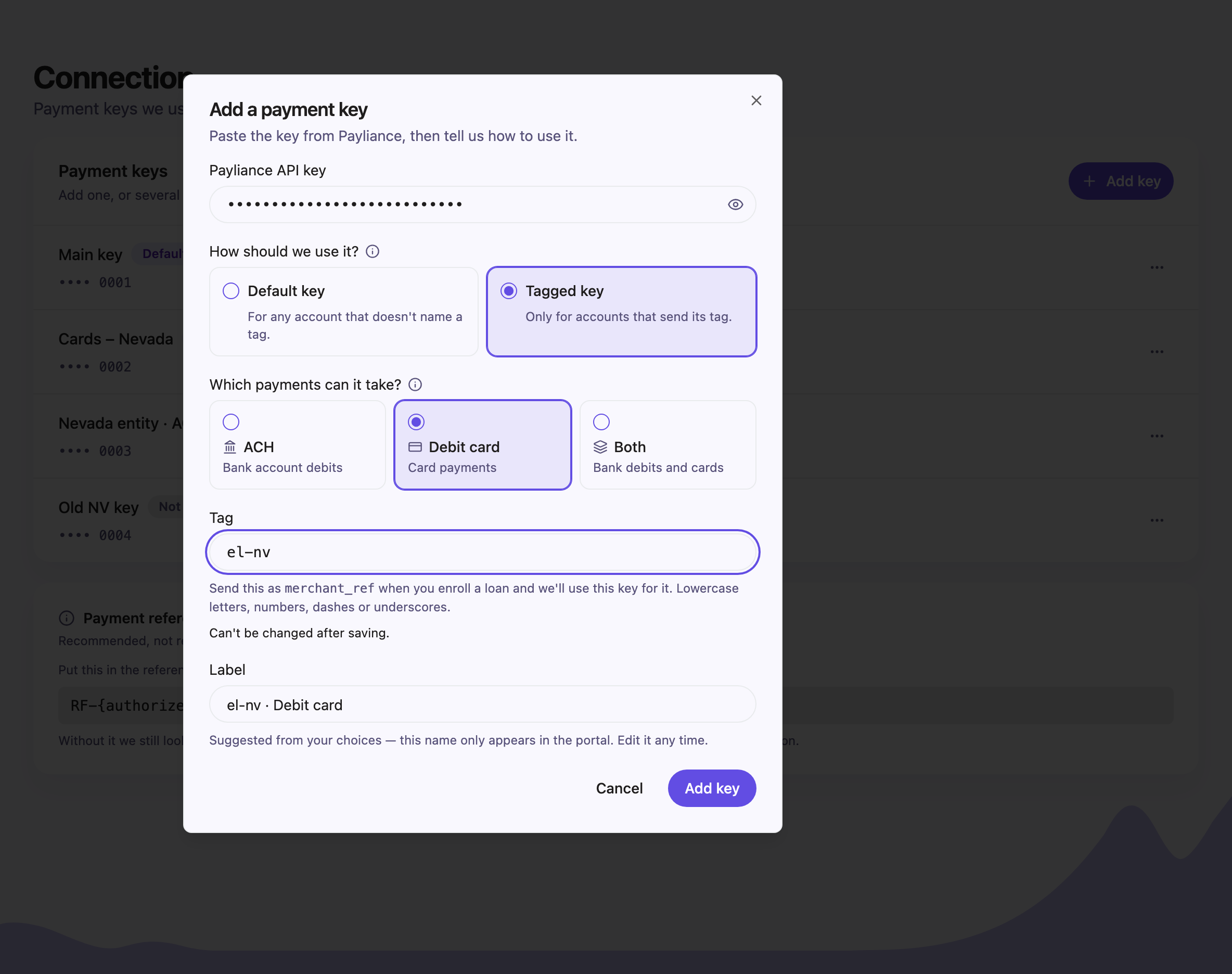 The Add a payment key dialog with Tagged key and Debit card selected and a tag entered