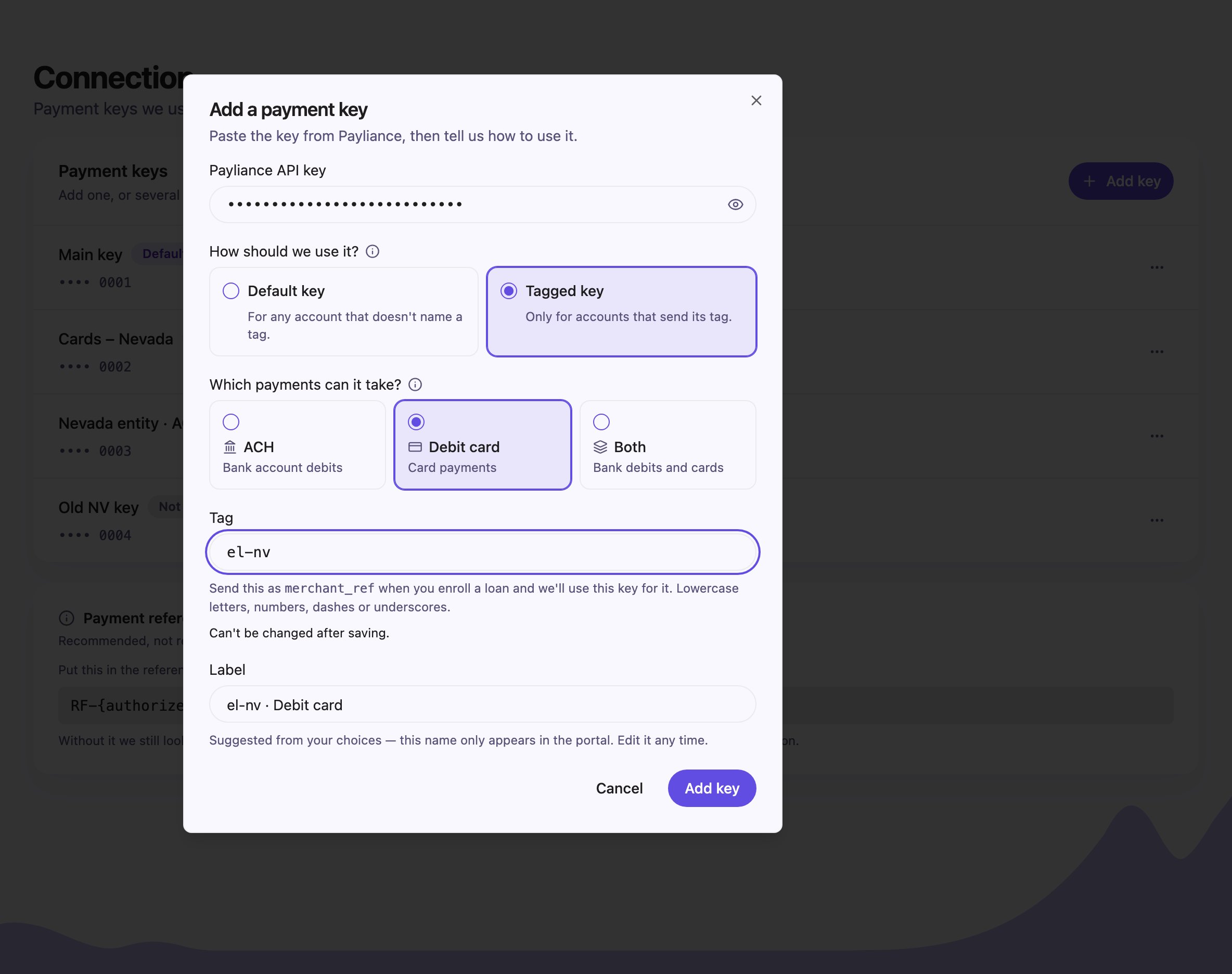 The Add a payment key dialog with Tagged key and Debit card selected and a tag entered