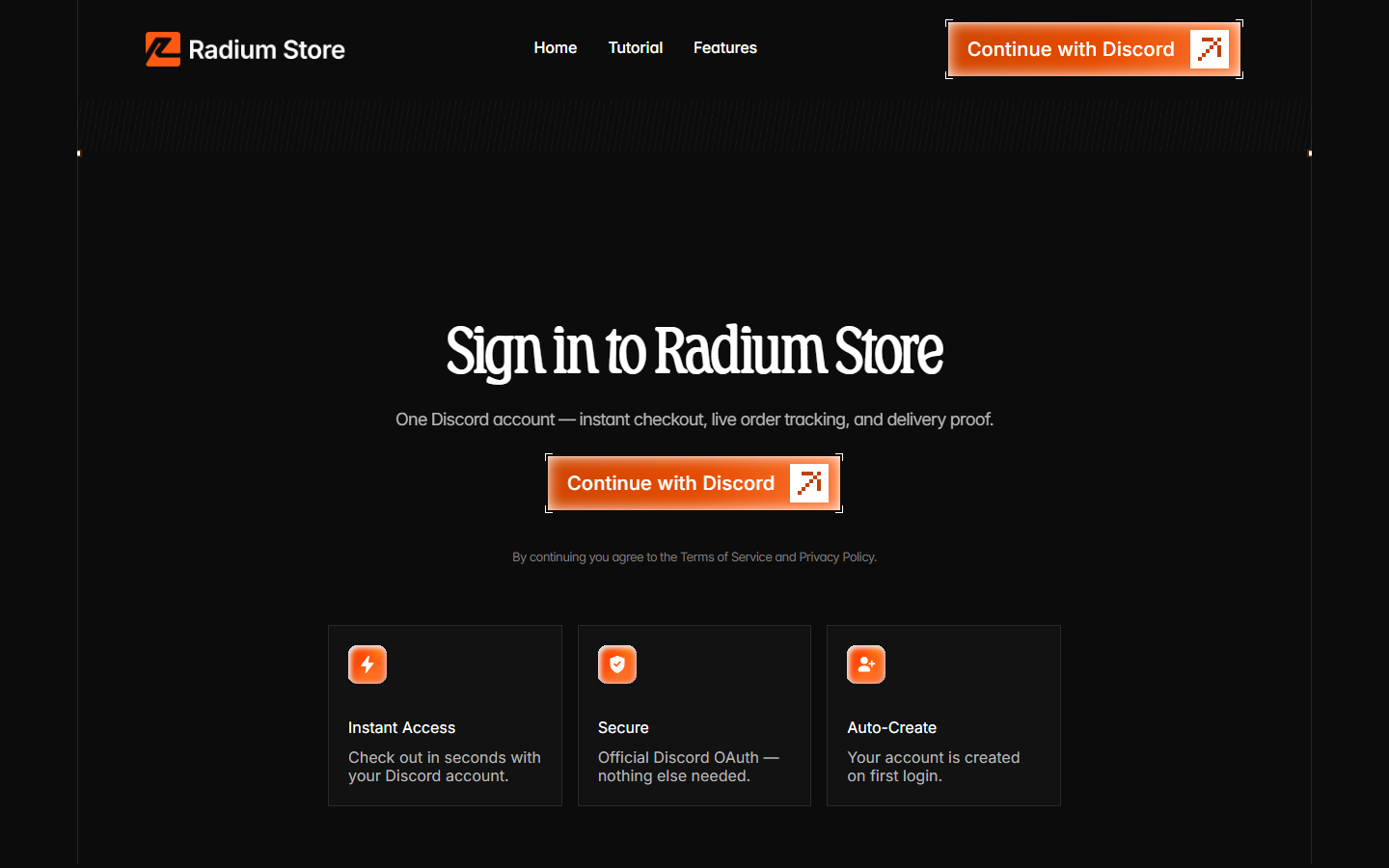 Radium Store sign-in page with the Continue with Discord button