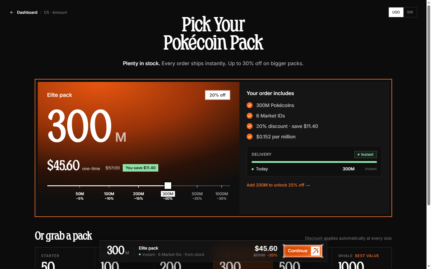 Checkout step 1 — pick a Pokécoin pack or type a custom amount