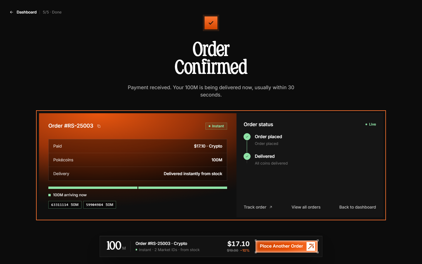 Order confirmation page with delivery breakdown and tracking