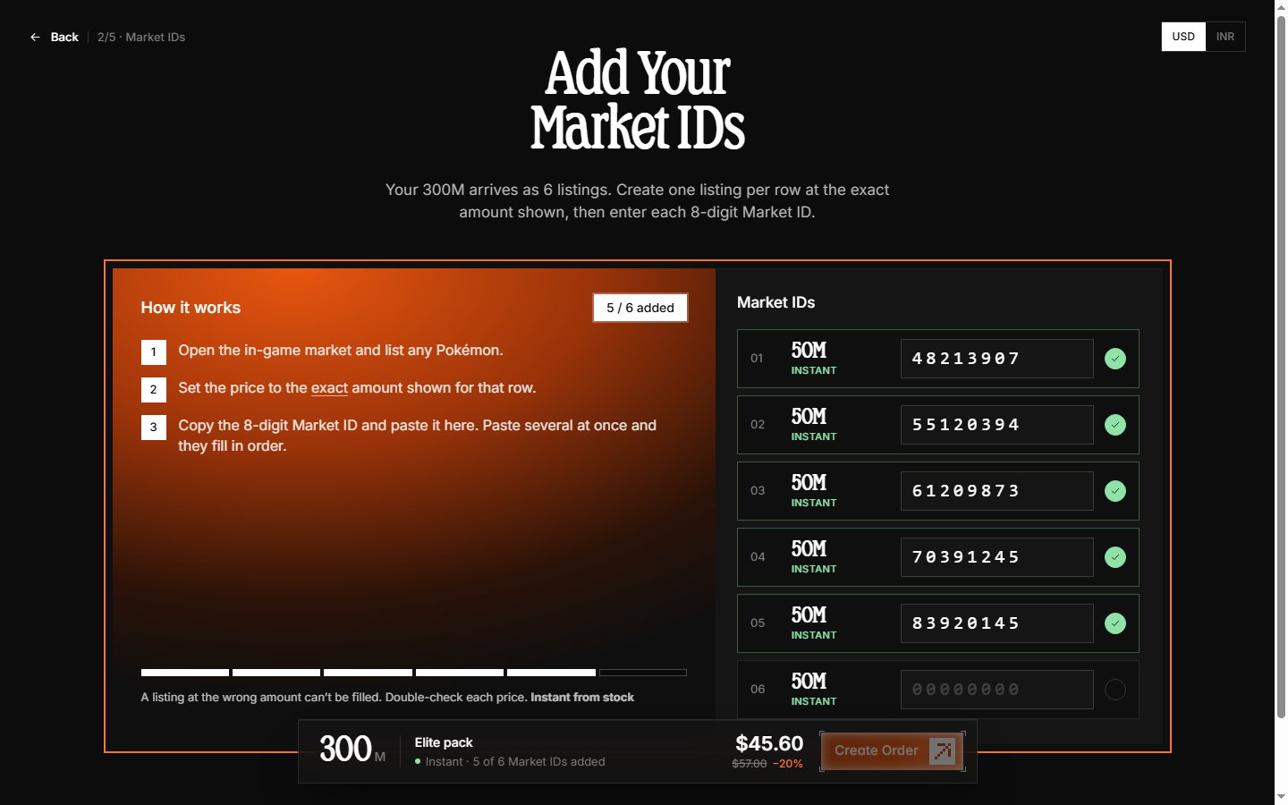 Checkout step 2 — entering market IDs