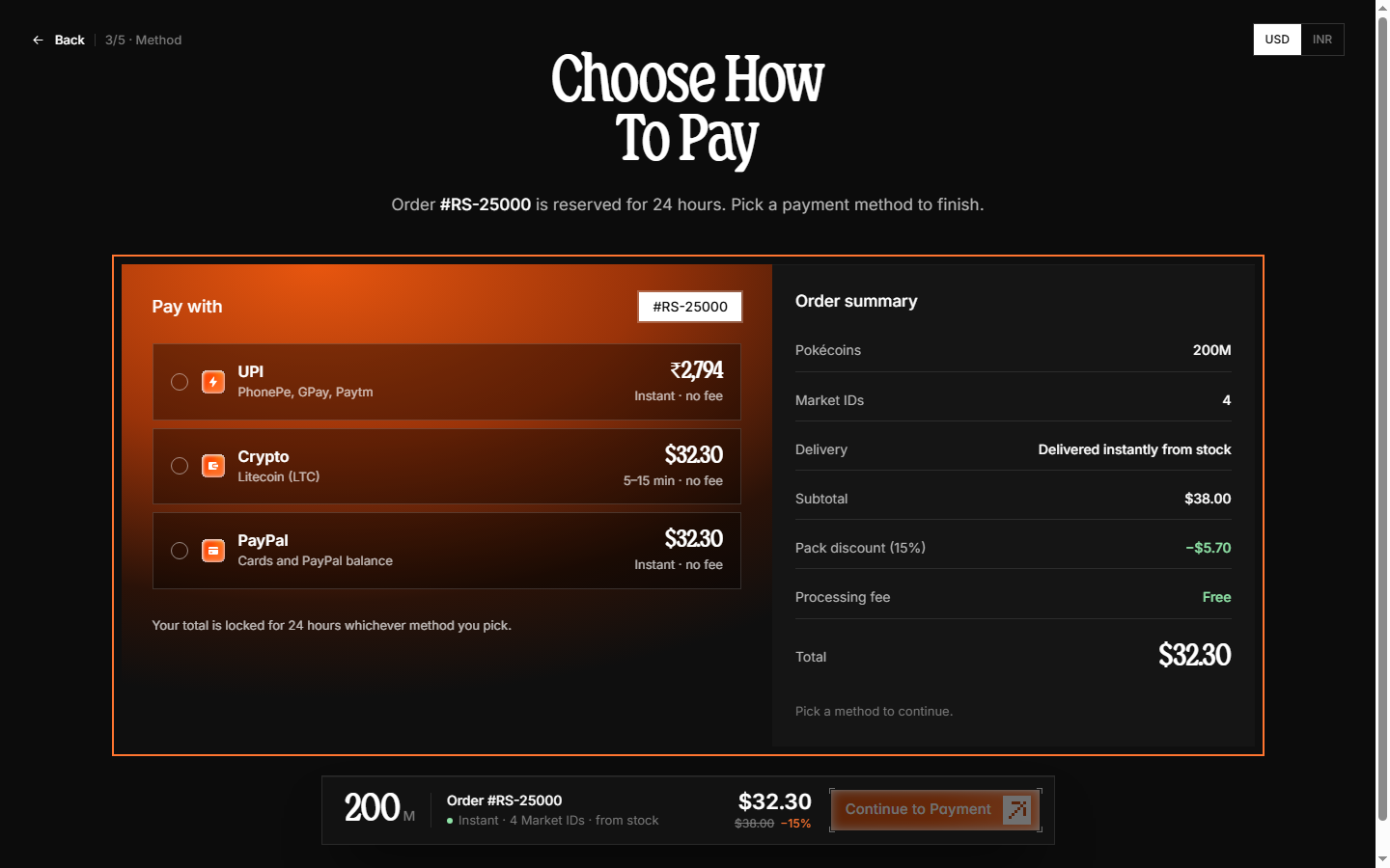 Payment method step with the PayPal option