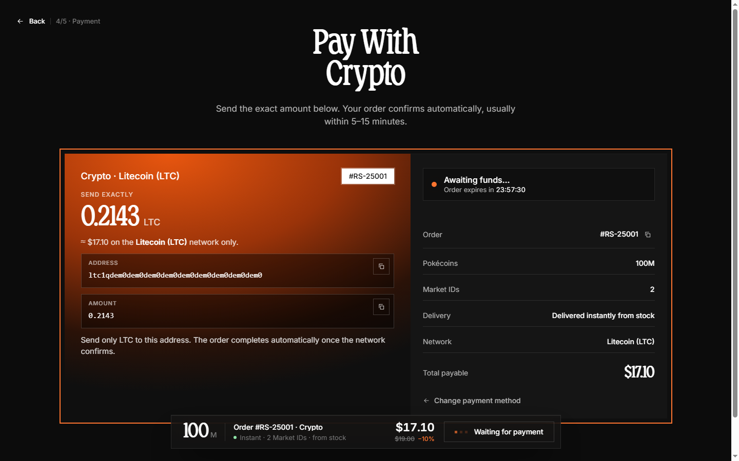 Crypto payment step showing the LTC address and amount to send