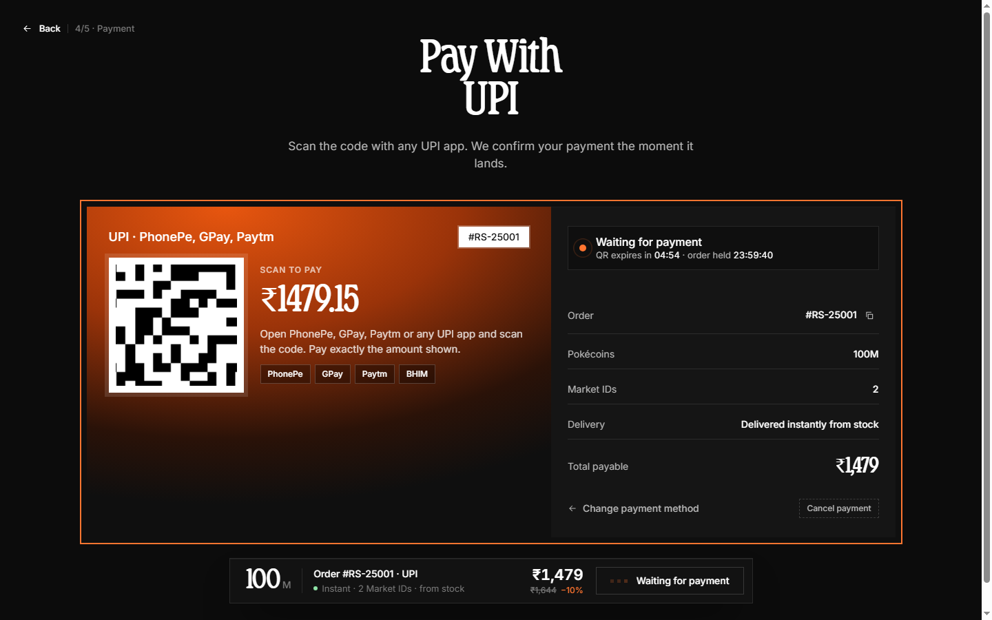 UPI payment step showing a QR code and the INR amount