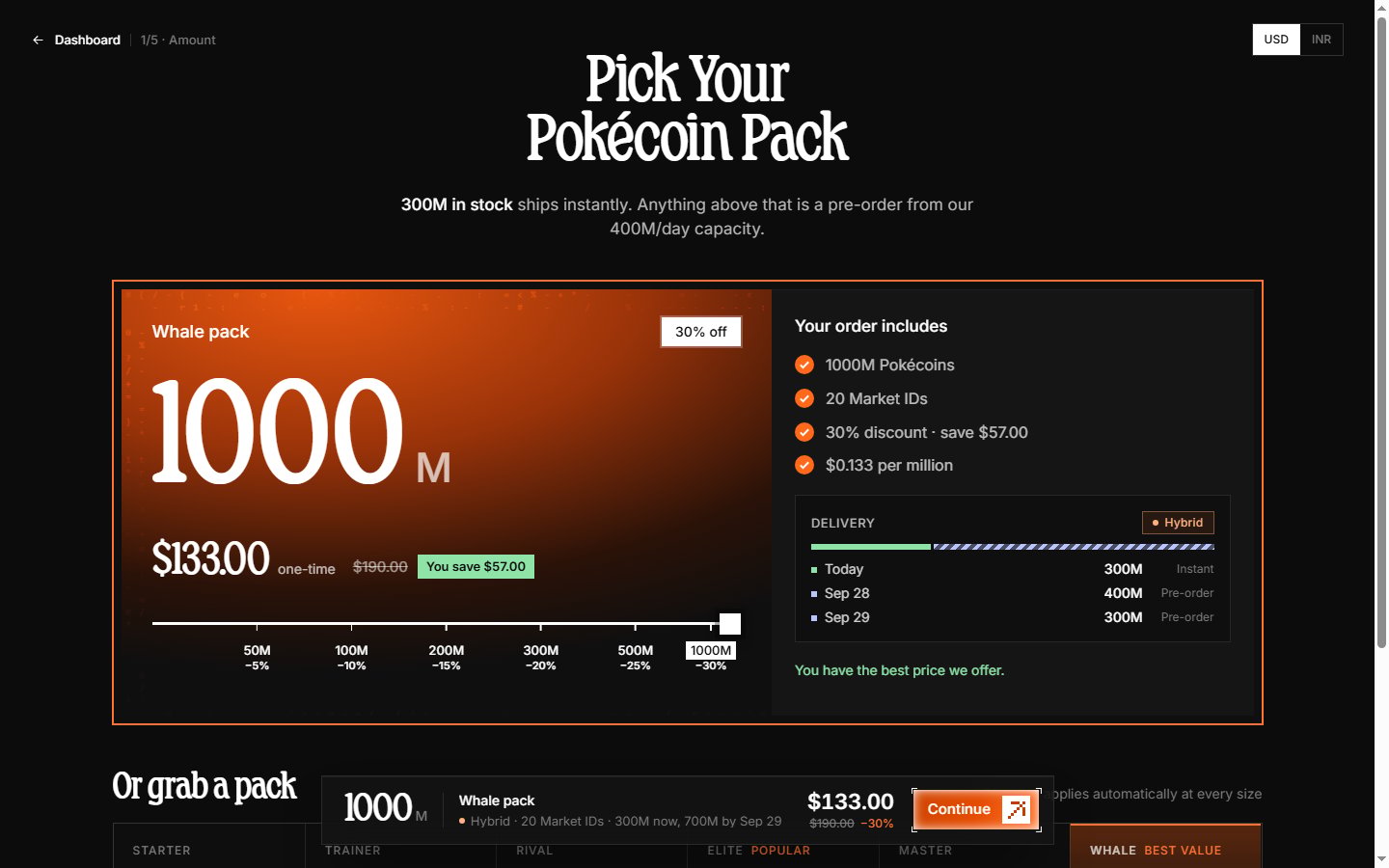 Checkout step 1 with an amount above stock — the delivery panel shows instant and scheduled batches