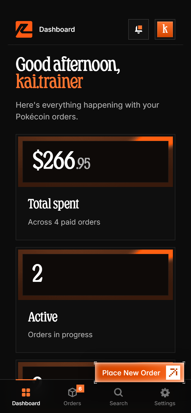 Mobile dashboard with the bottom tab bar