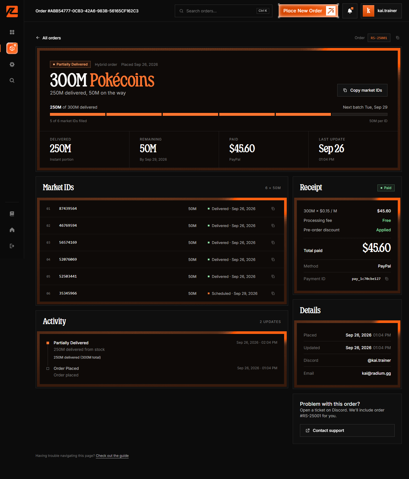 Full order details page with market IDs, activity timeline, receipt, and details
