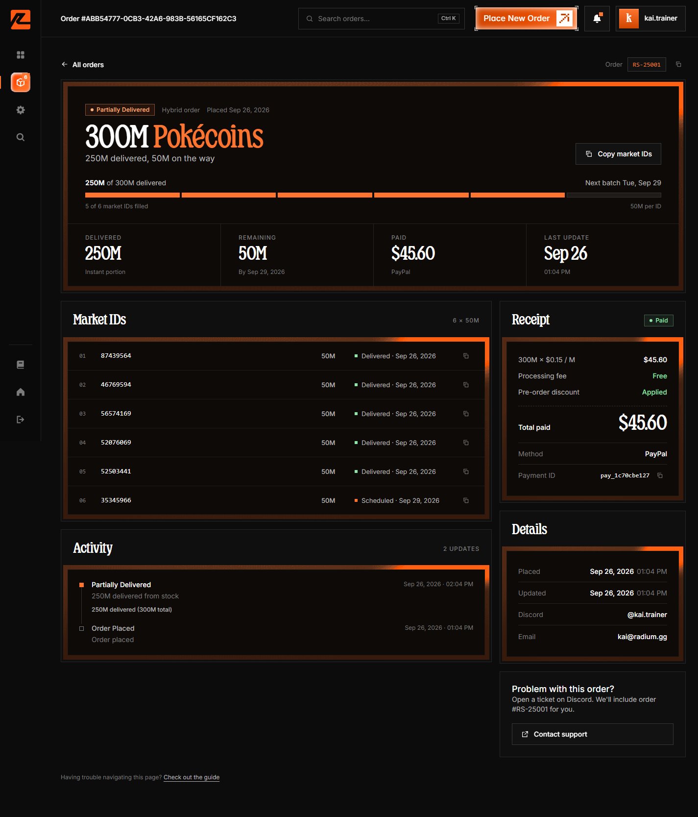 Order details page showing the activity timeline
